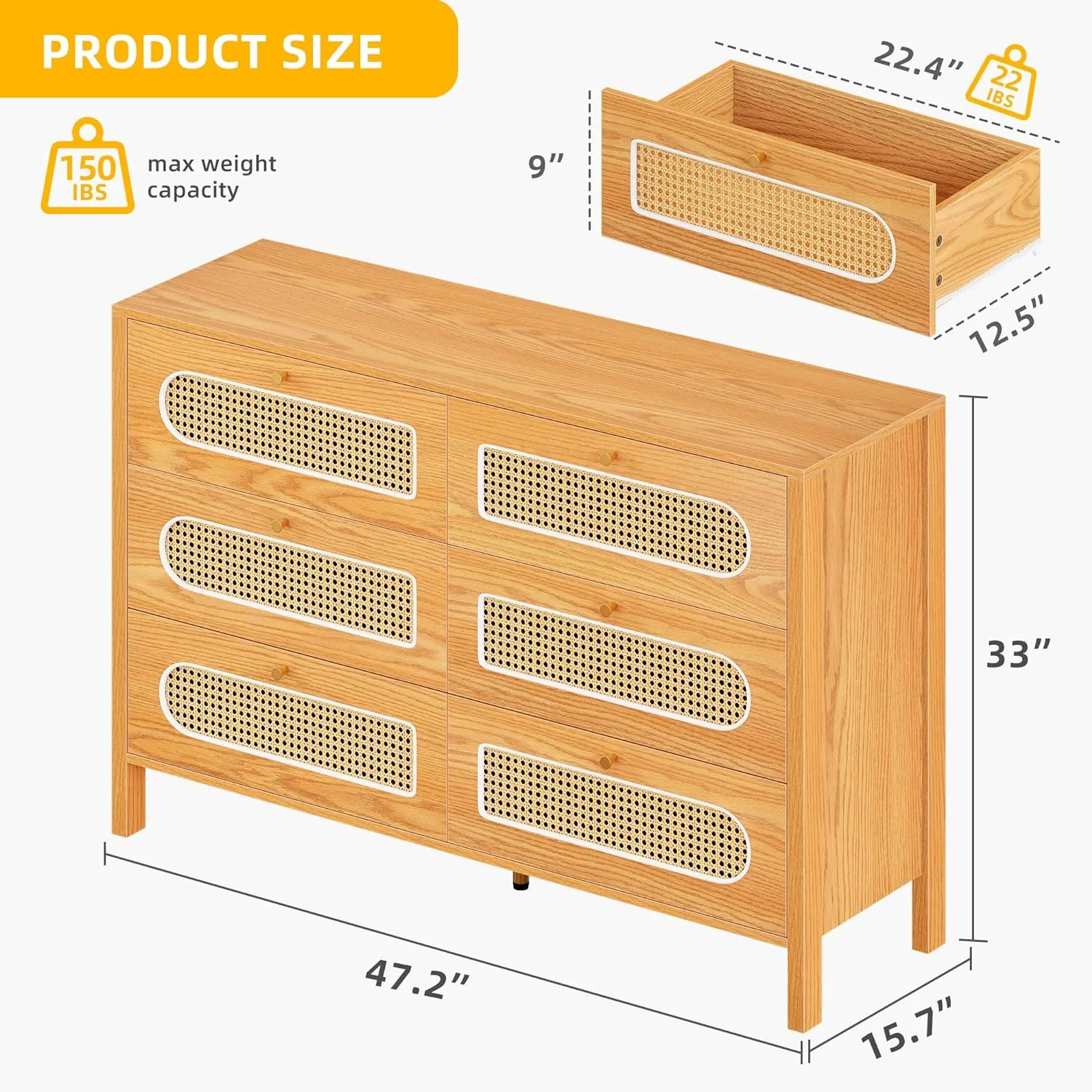 Natural Rattan 6 Drawer Dressers, Oak Wooden Dresser Chest Of Drawers With Golden Handles, Modern Large Closet Boho Dressers Storage Cabinet For Living Room, Hallway, Entryway