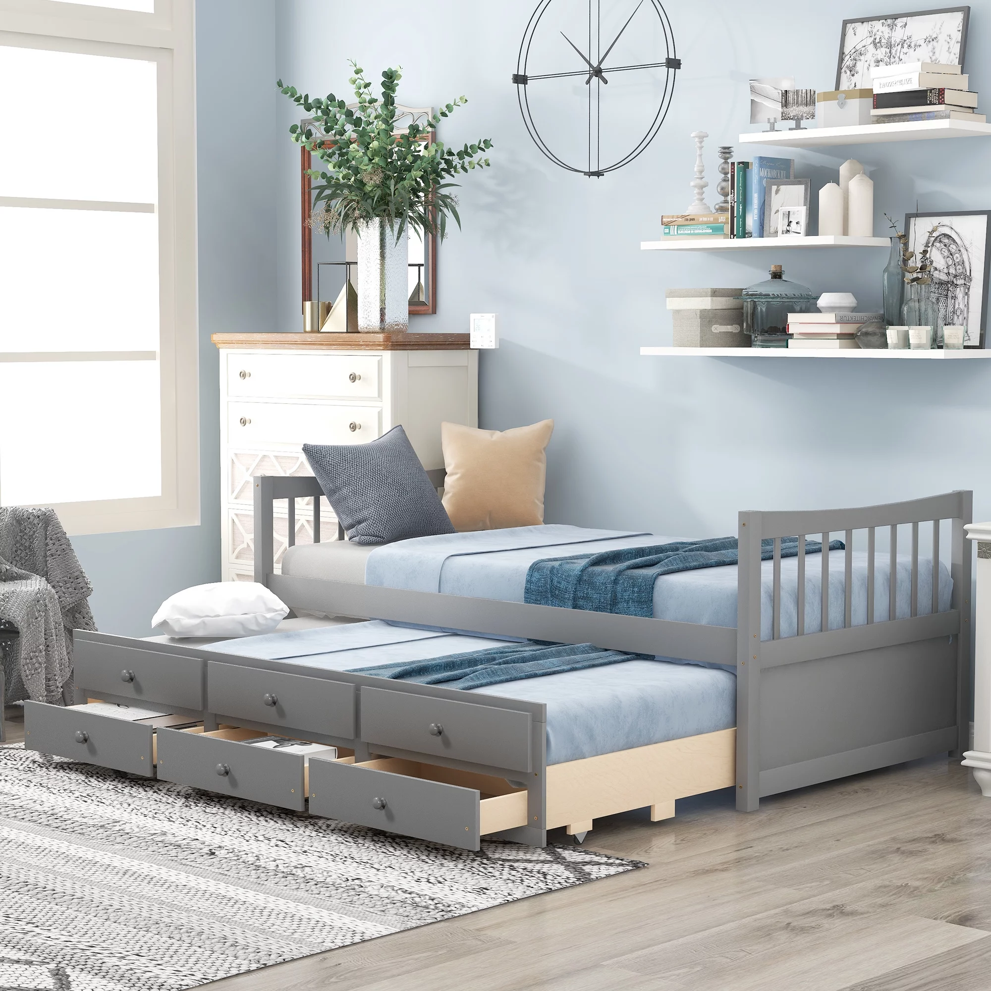 ikayaa Daybed with Trundle and Drawers, Twin Size, Gray,Trundle bed SLAT: 8