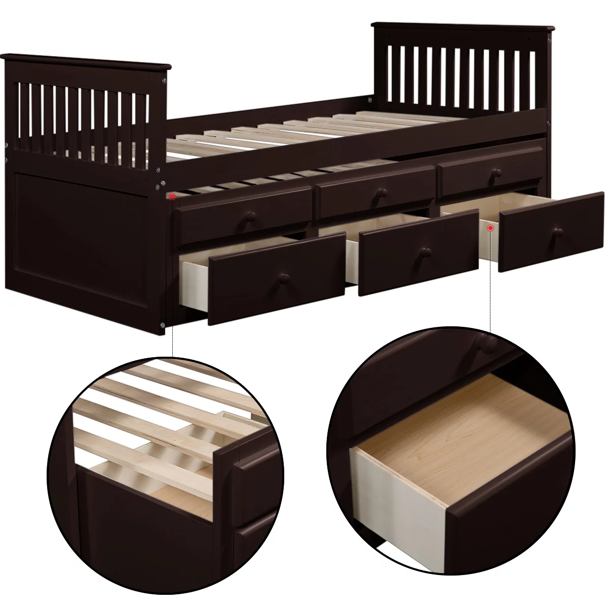 Trundle Bed, SEGMART Twin Captain’s Bed with Trundle and 3 Storage Drawers, Twin Daybed Bed with Slatted Headboard and Footboard, Farmhouse Style Solid Wood Bedframe for Kid's Room, Teens, SS2584