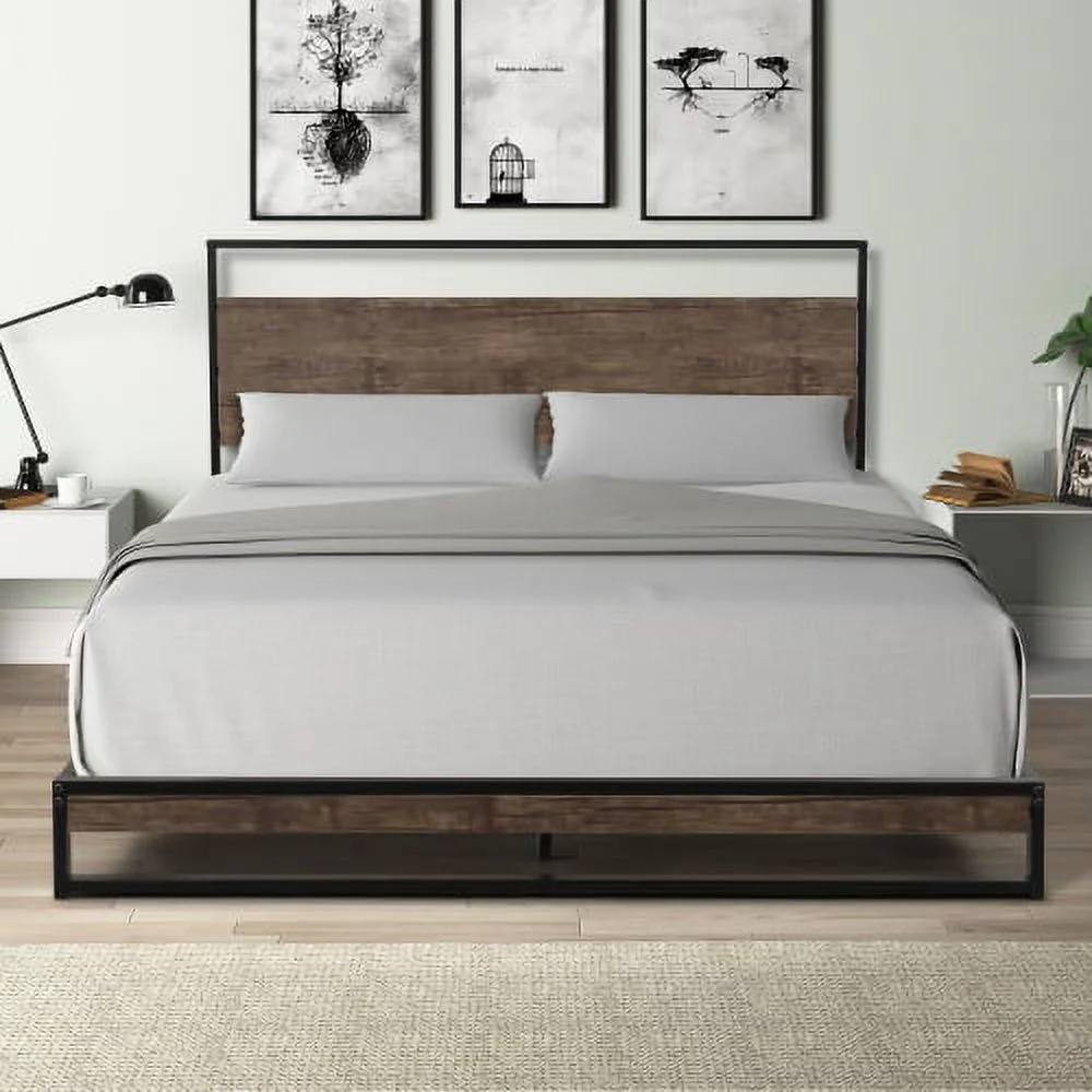 Queen Size Platform Bed Frame with Wood Headboard, 12