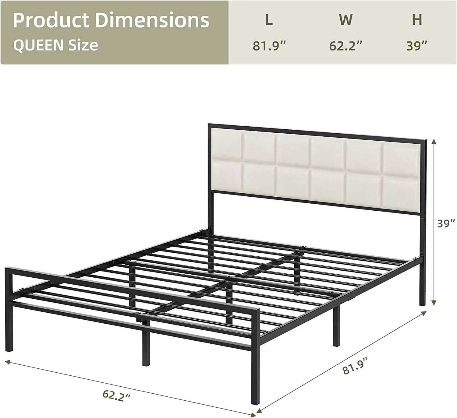 WhizMax Queen Size Bed Frame, Faux Leather Platform Bed Frame with Upholstered Square Stitched Headboard, Metal Bed Frame with Steel Slats Support, Box Spring Optional, Easy Assembly, Beige