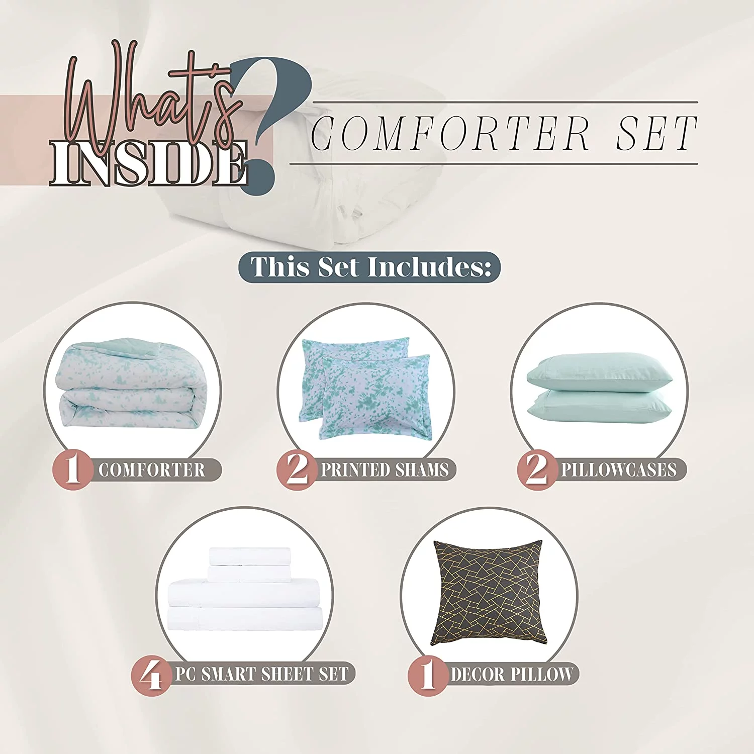 Elegant Comfort Reversible 10-Piece Comforter Set, Tie-Dye Print, Decorative Pillow and Fitted Sheet with Smart Pockets, Soft, Plush, Lightweight Material, 10pc Tie-Dye Set, Twin, Aqua Mint