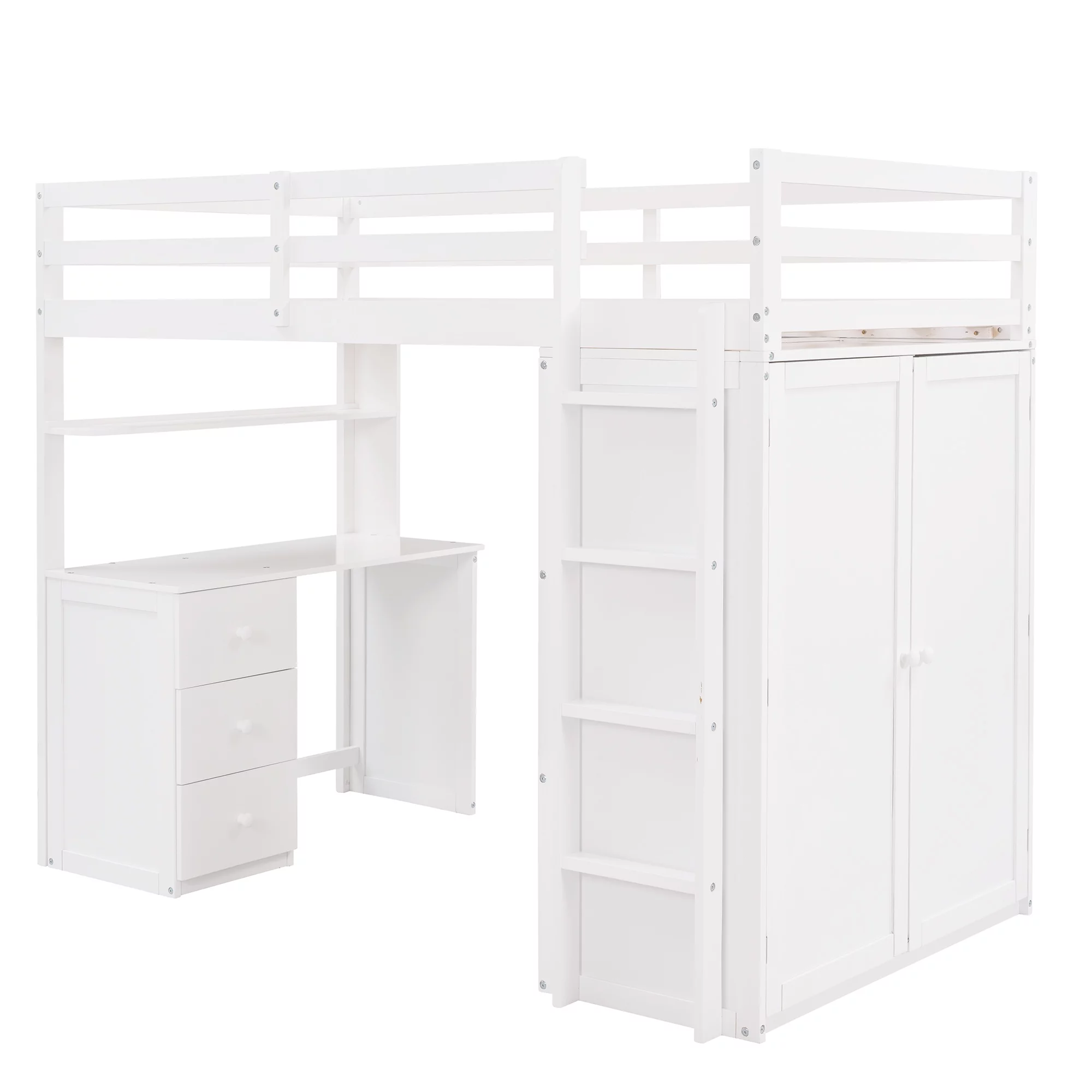 Dawn Whisper Twin size Loft Bed with Drawers, Desk and Wardrobe, White