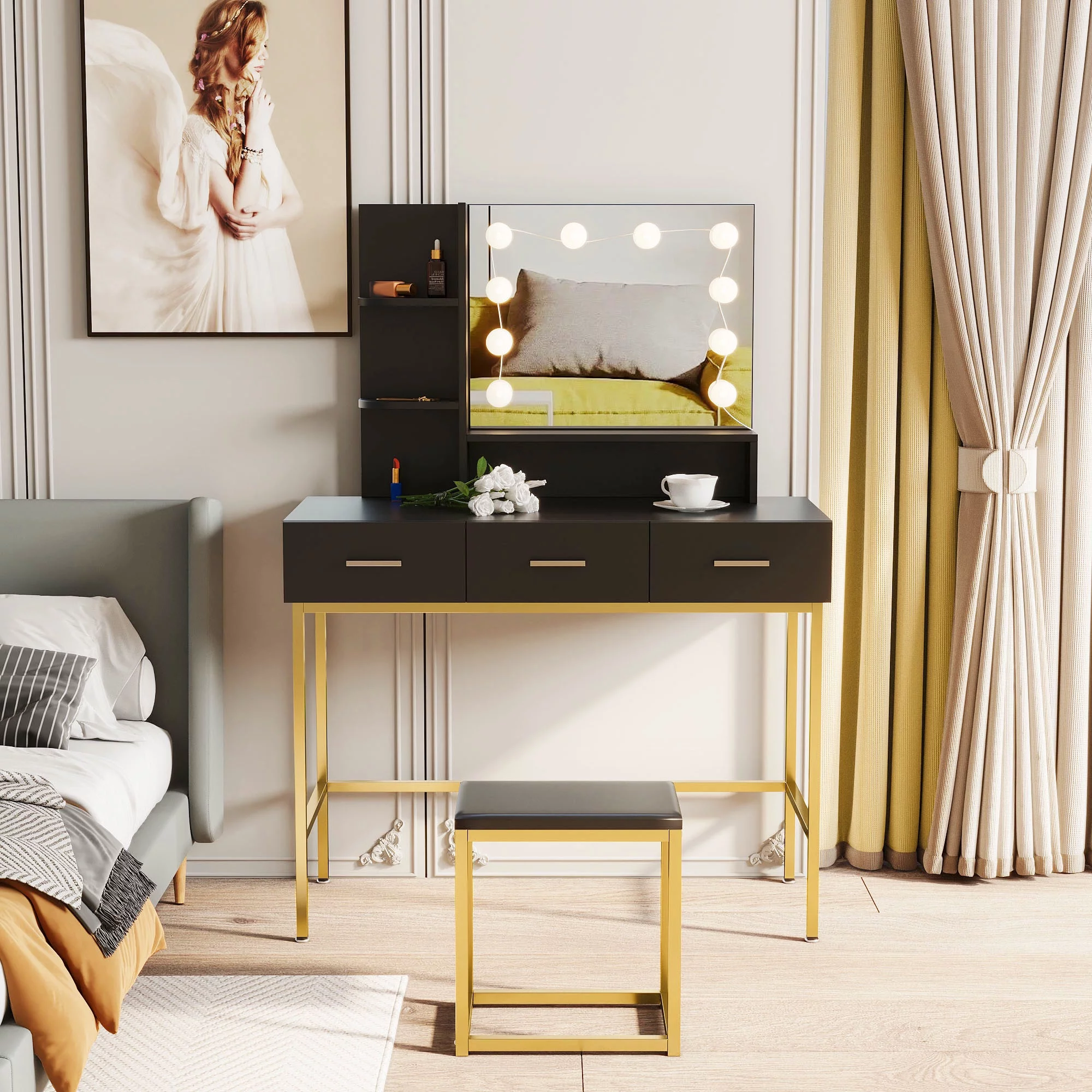 Glavbiku Modern Dressing Vanity Table with Large 3 Drawers 10 LED Lights, Bedroom