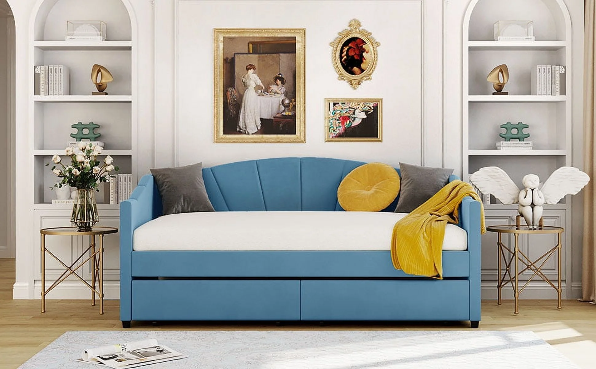Dcenta Upholstered daybed Twin Size with Two Drawers and Wood Slat Suppot ,Blue