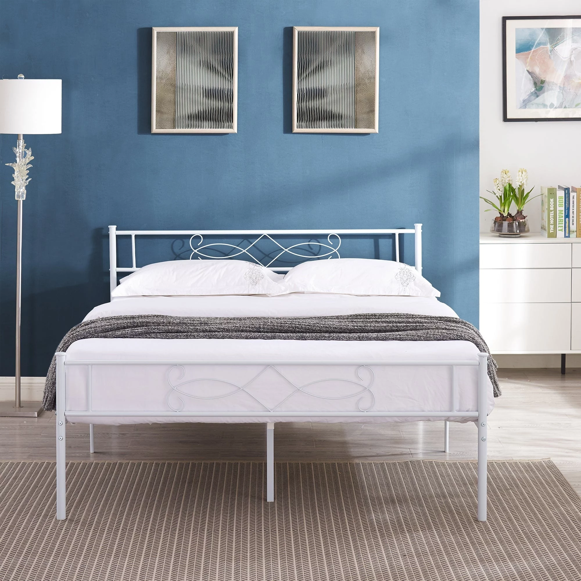 KHD Javlergo Metal Platform Bed Frame with Headboard and Footboard White Queen
