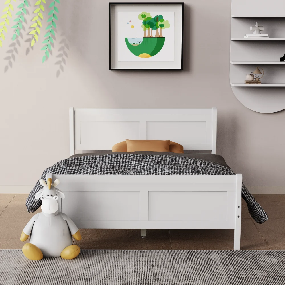 Full Size Wood Platform Bed with Headboard and Wooden Slat Support (White)