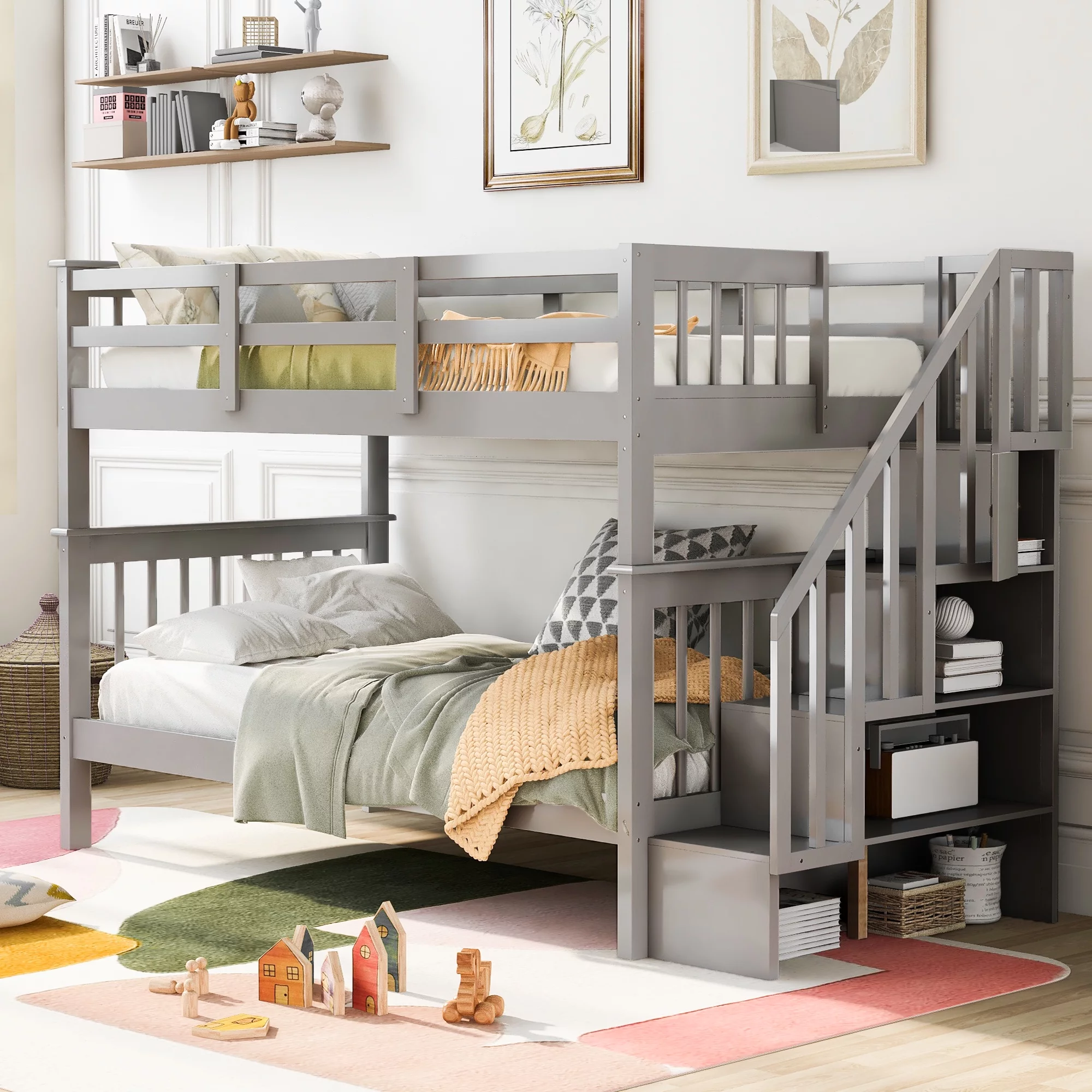Dcenta Stairway Twin-Over-Twin Bunk Bed with Storage and Guard Rail for Bedroom, Dorm, Gray color