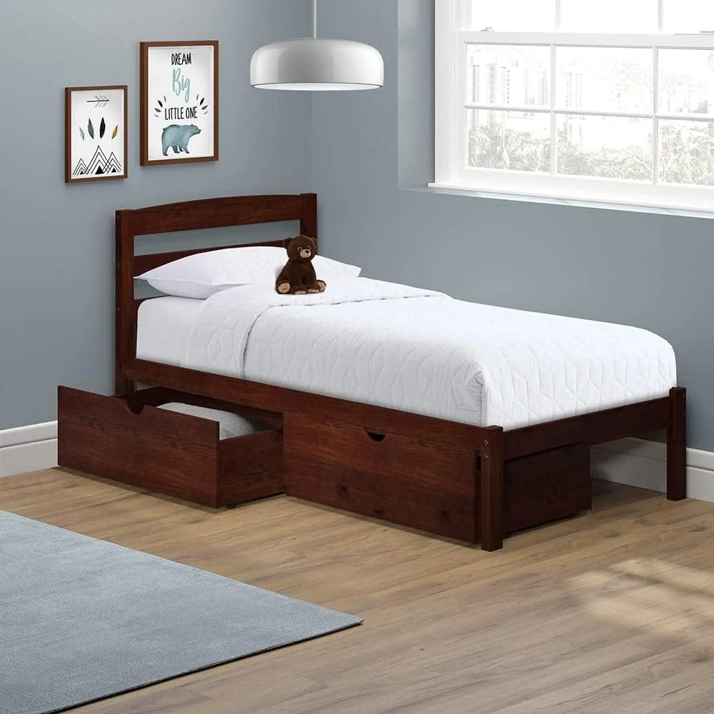 Bed - FSC Certified Pine Wood - Trundle Bed Or Storage Drawers - Cherry, White, Or Grey (Cherry - Two Storage Drawers)