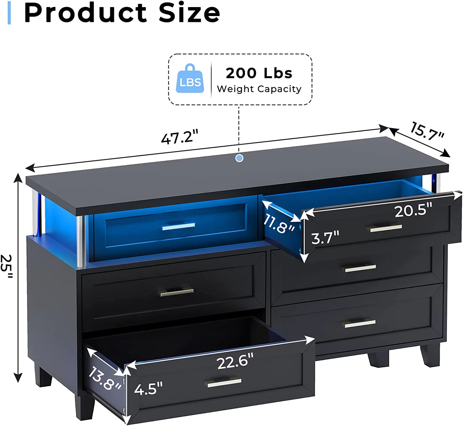 Tiptiper 6 Drawer Dresser for Bedroom,, Modern Chest of Drawers, Wood Dresser with LED Light, Black