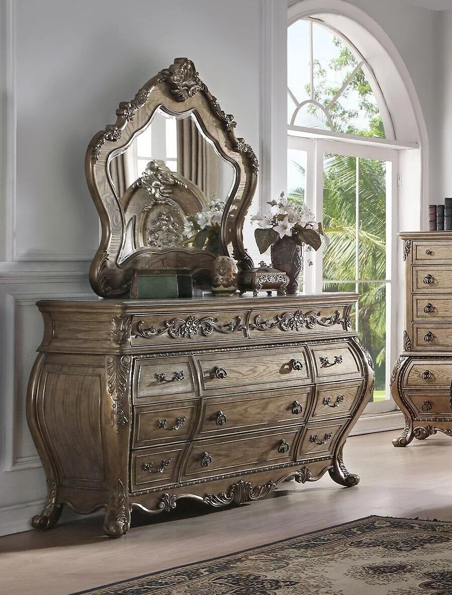 Luxurious Traditional Design 4pc set Cal King Bed Nightstand Dresser Mirror Formal Bedroom Furniture Vintage Oak Finish