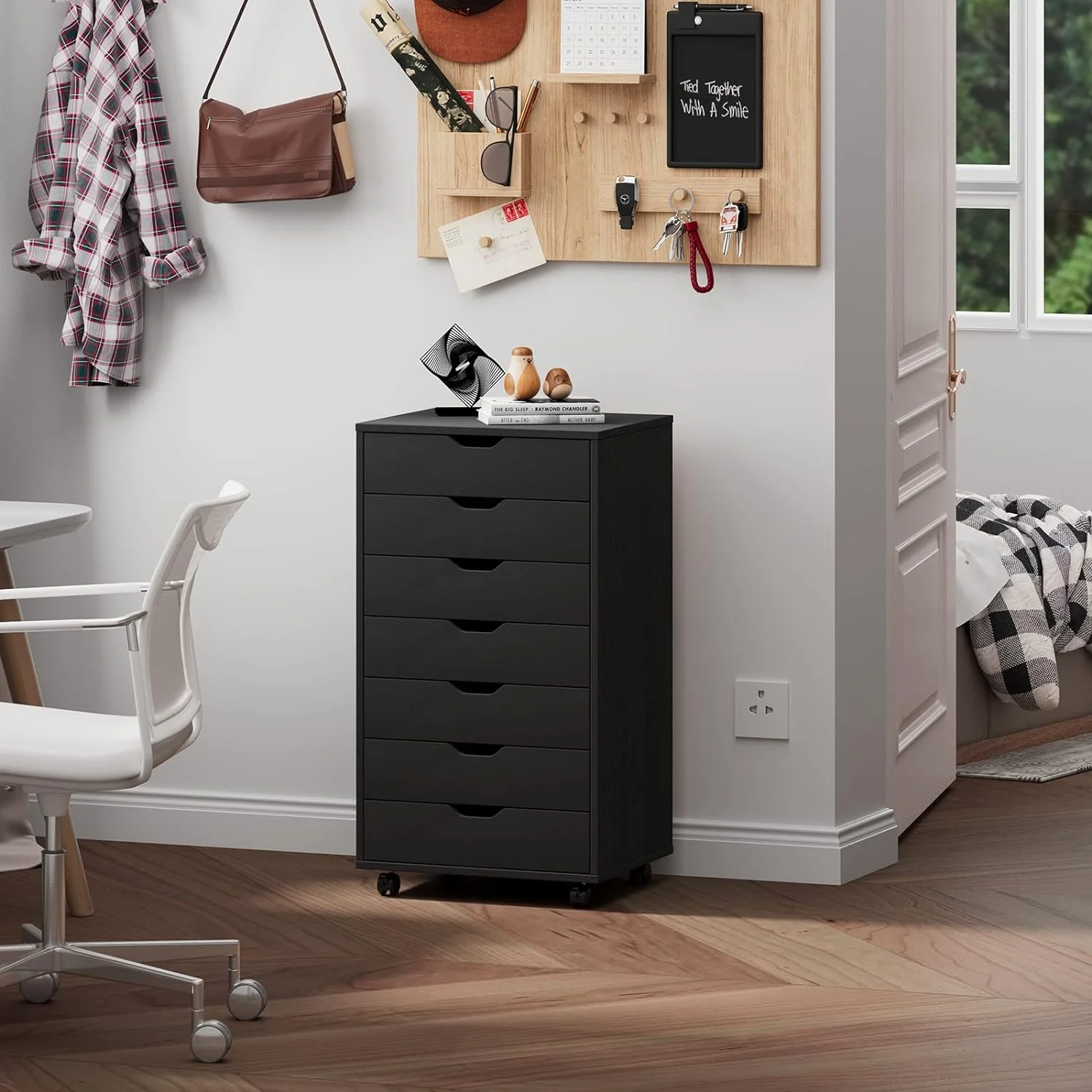 Maxtown 7 Drawer Cabinet, Wood Dresser Chest with Wheels, Storage Dresser Cabinet for Office, File Cabinet with Rolling, Oak Grain