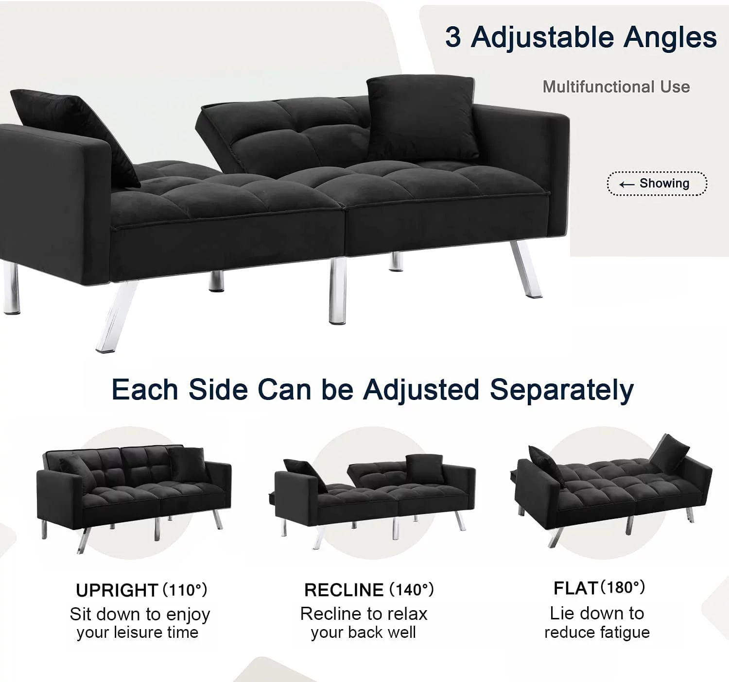 Holaki Modern Velvet Sofa Couch Bed with Armrests and 2 Pillows for Living Room and Bedroom, BLACK