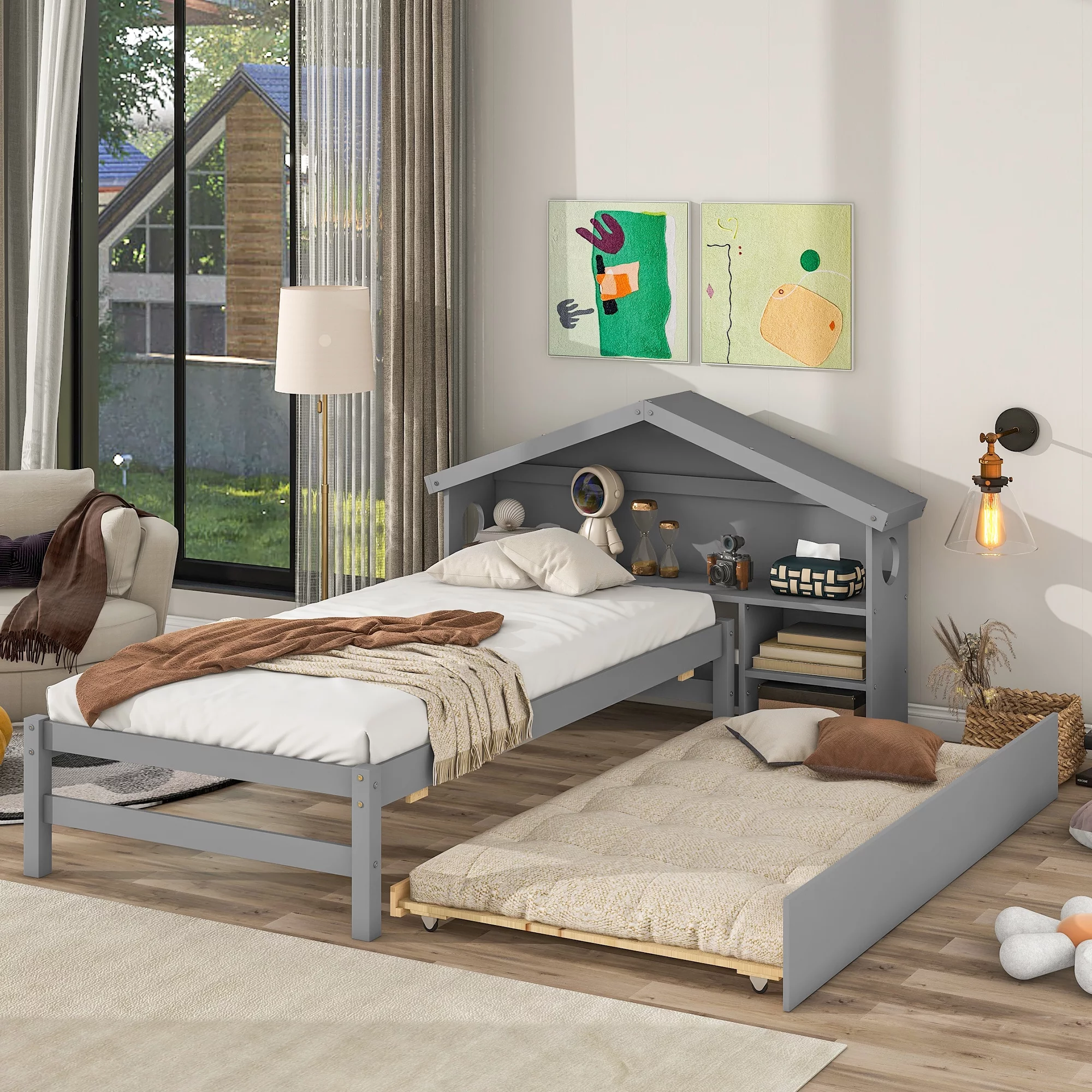 Twin Storage House Bed for kids with Bedside Table Under Bed Storage Mattress, Trundle, Grey
