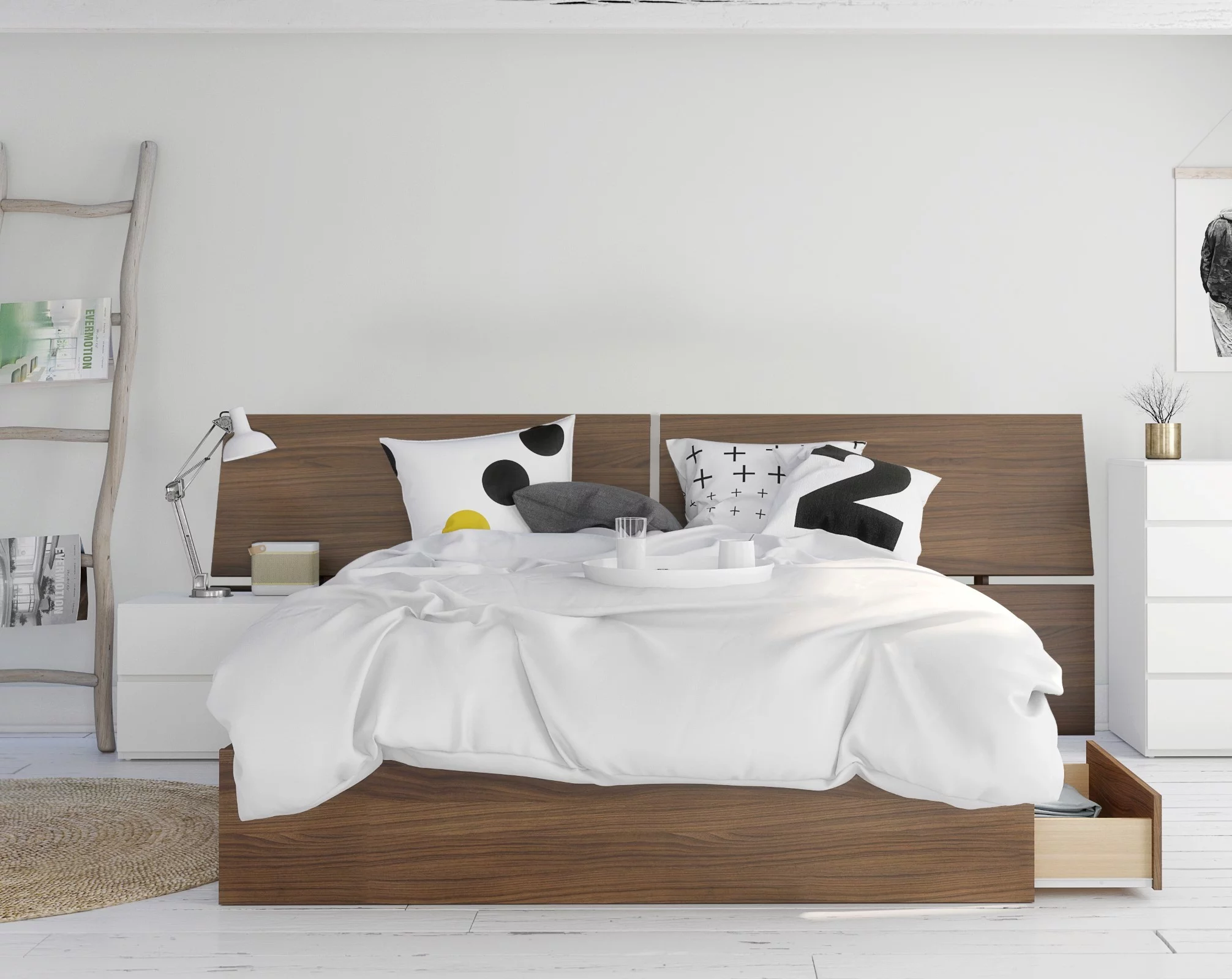 Nexera Oddense 3 Piece Queen Size Bedroom Set, Walnut & White