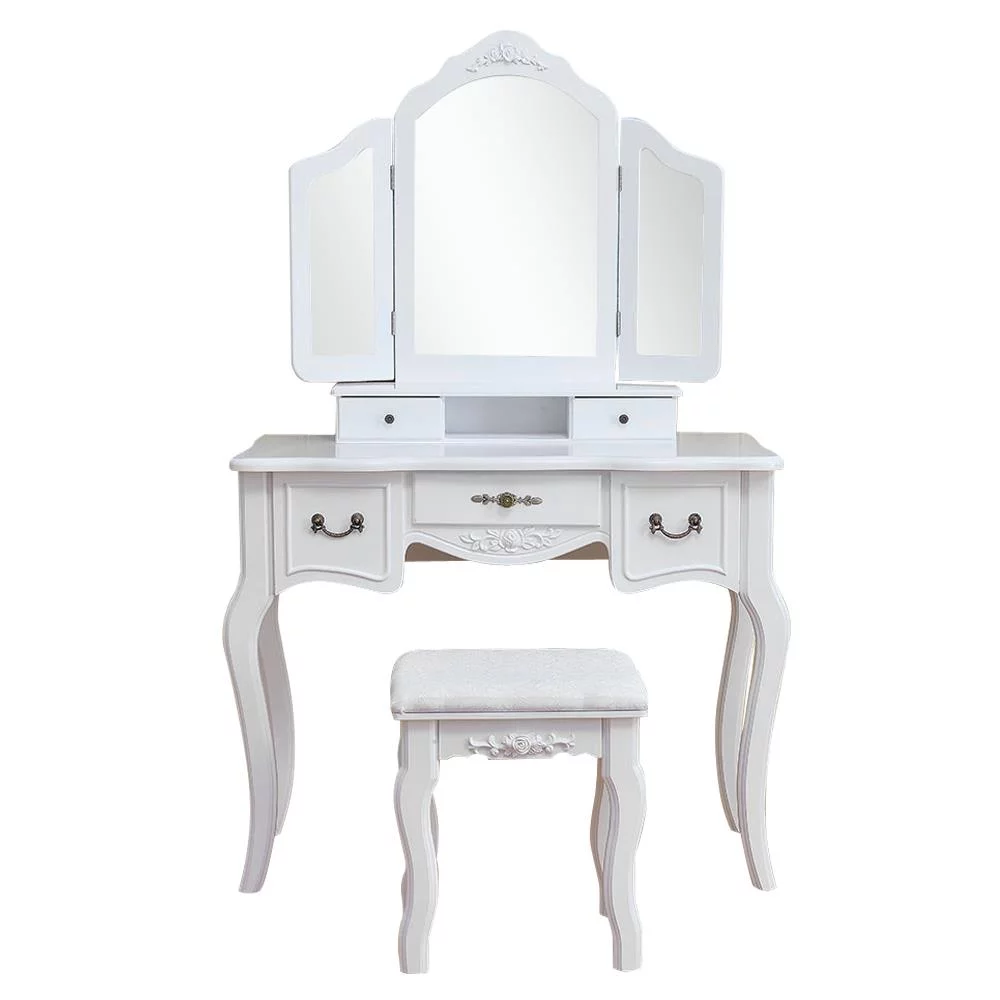 Zimtown Tri Folding White Vanity Makeup Dressing Table Set w/Stool 5 Drawer & Mirror Wood Desk,White