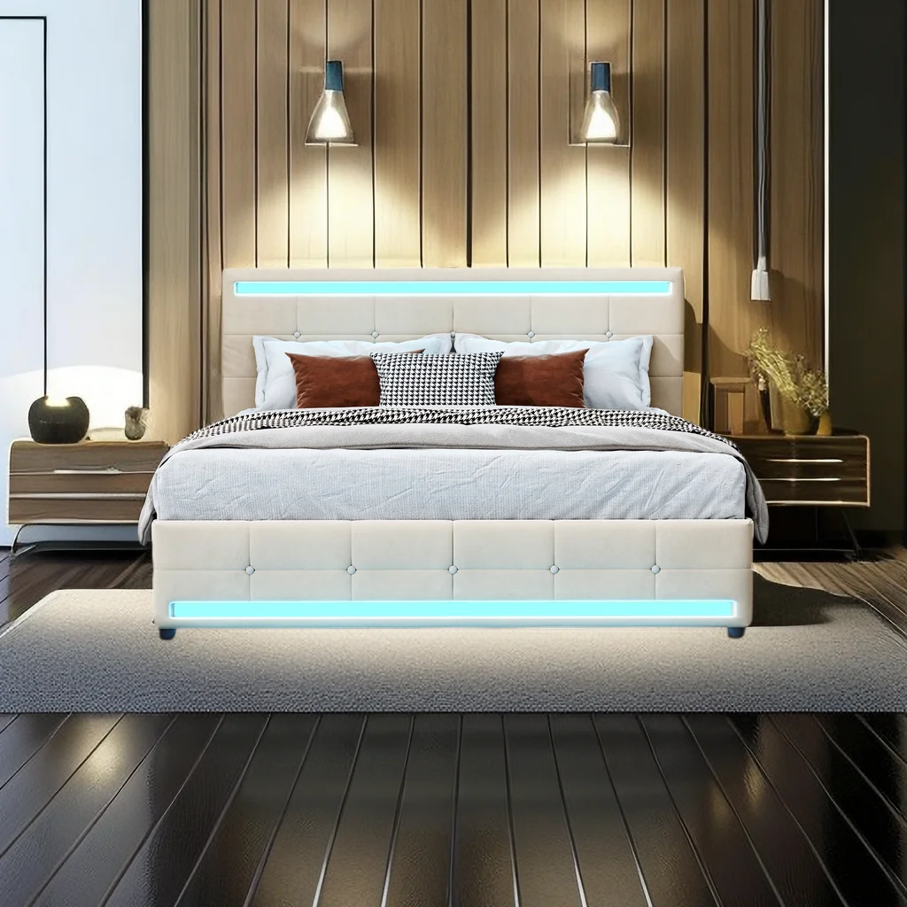 Queen Size Upholstered Platform Bed with 4 Drawers and a Set of Type C and USB Ports, Velvet Upholstered Bed Frame with LED Light Headboard and Footboard, Adjustable Headboard