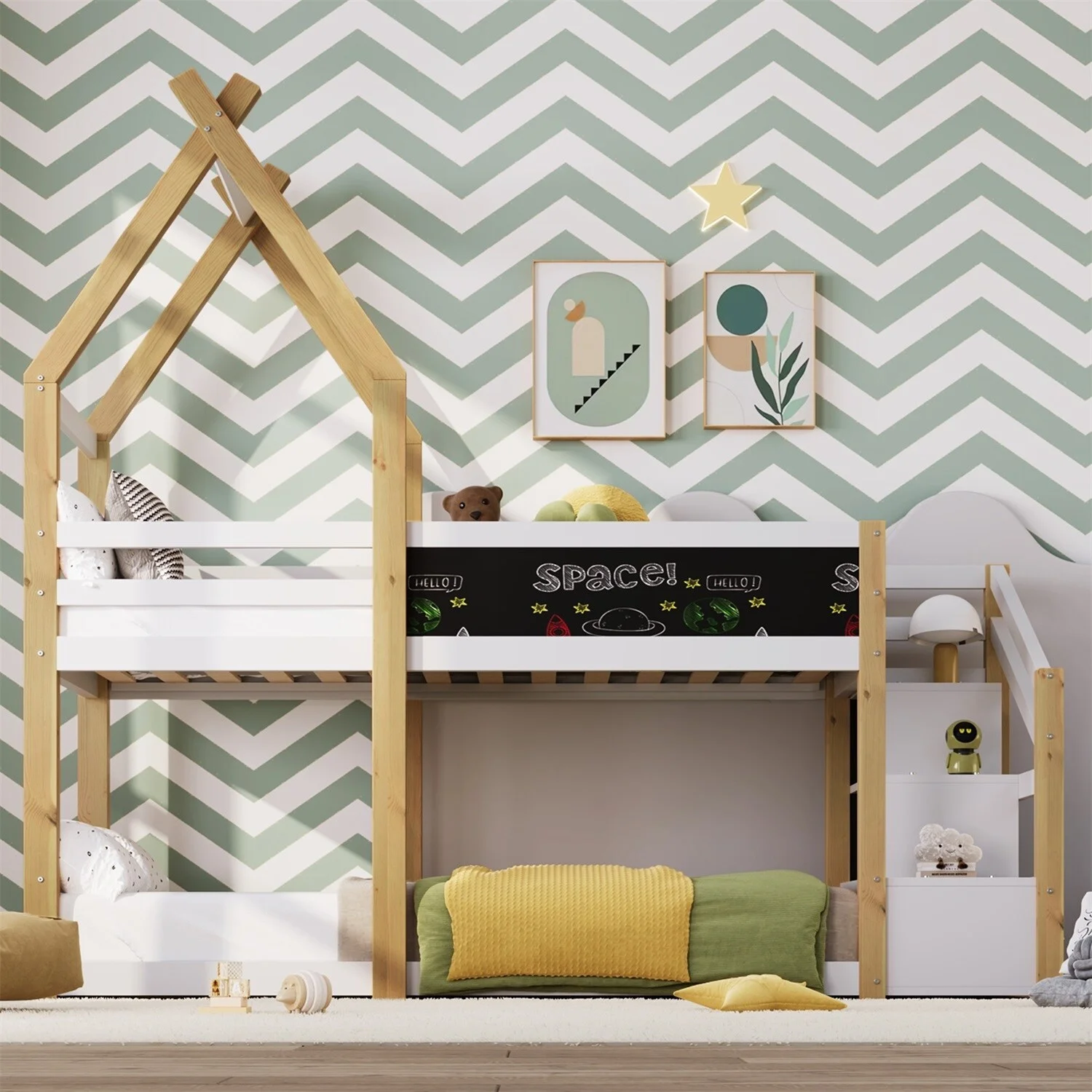 MERAX  Twin over Twin House Bunk Bed with White Storage Staircase