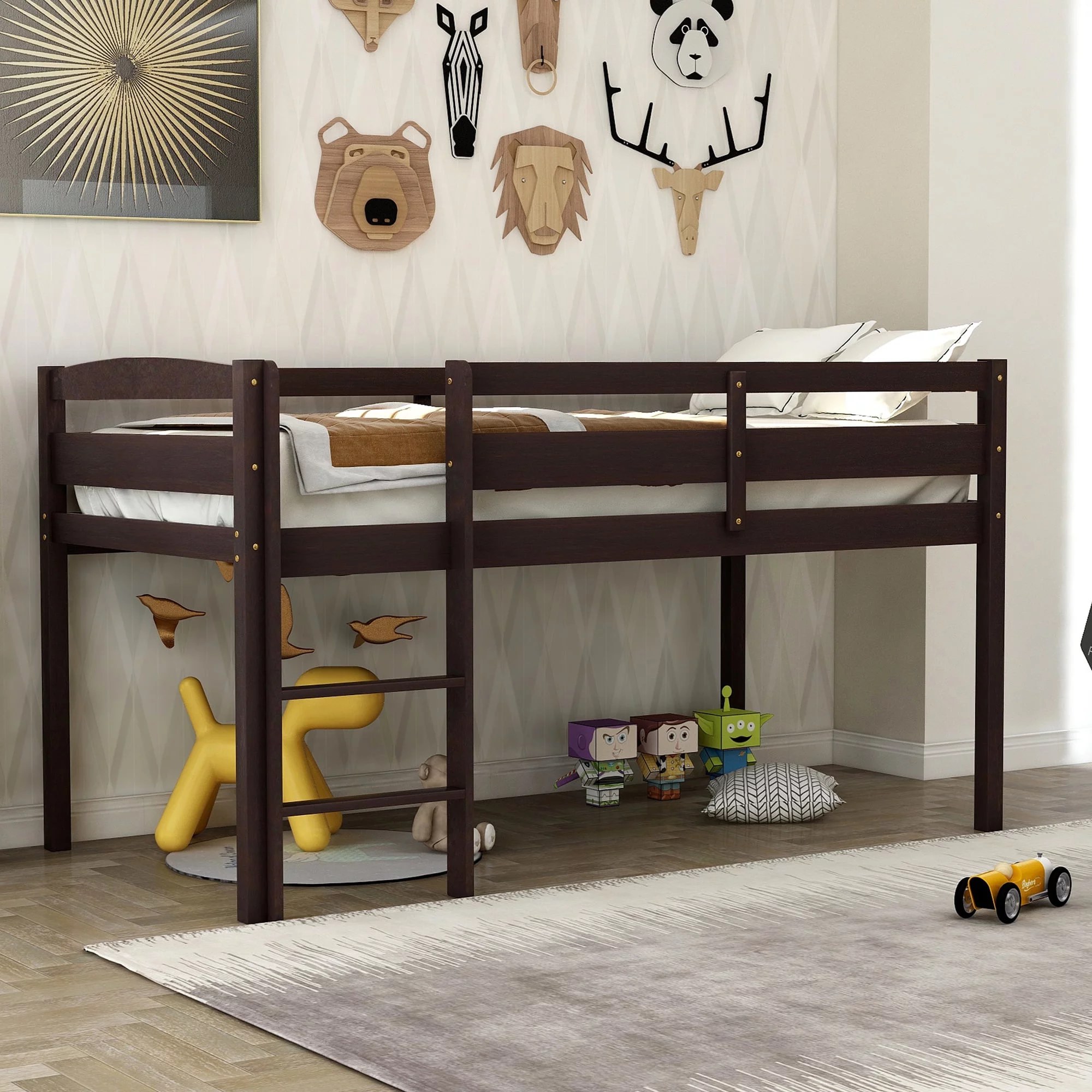 ikayaa Twin Wood Loft Bed Low Loft Beds with Ladder,Twin,Espresso
