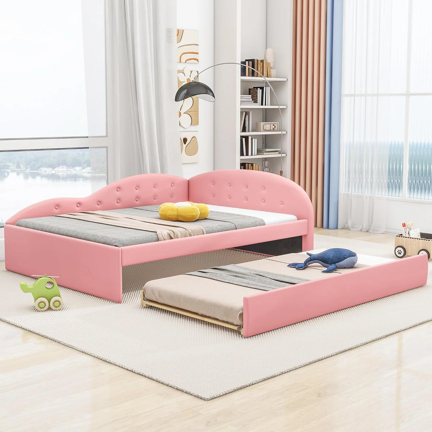 Full Size Daybed Wih rudle, Faux Leaher Upholsered Day Bed Frame, Boom ufed Sofa Bed Wih Cloud Shaped Rails For Bedroom Livig Room Gues Room,