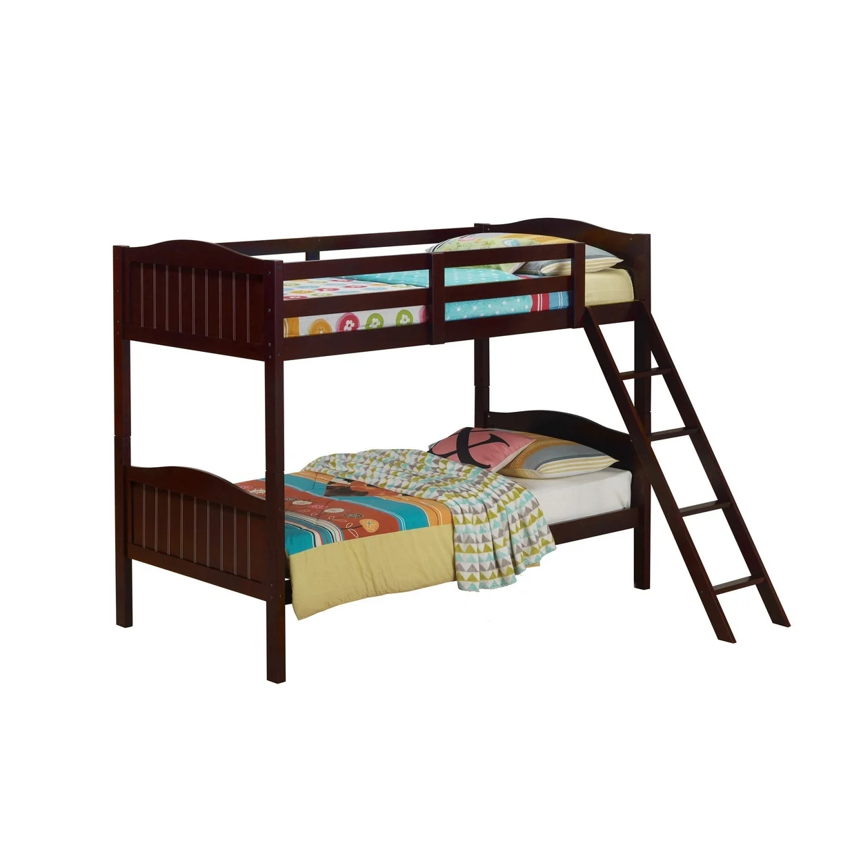 Mok Wood Twin Bunk Bed with Ladder and Guardrail Farm Plank Style Brown- Saltoro Sherpi