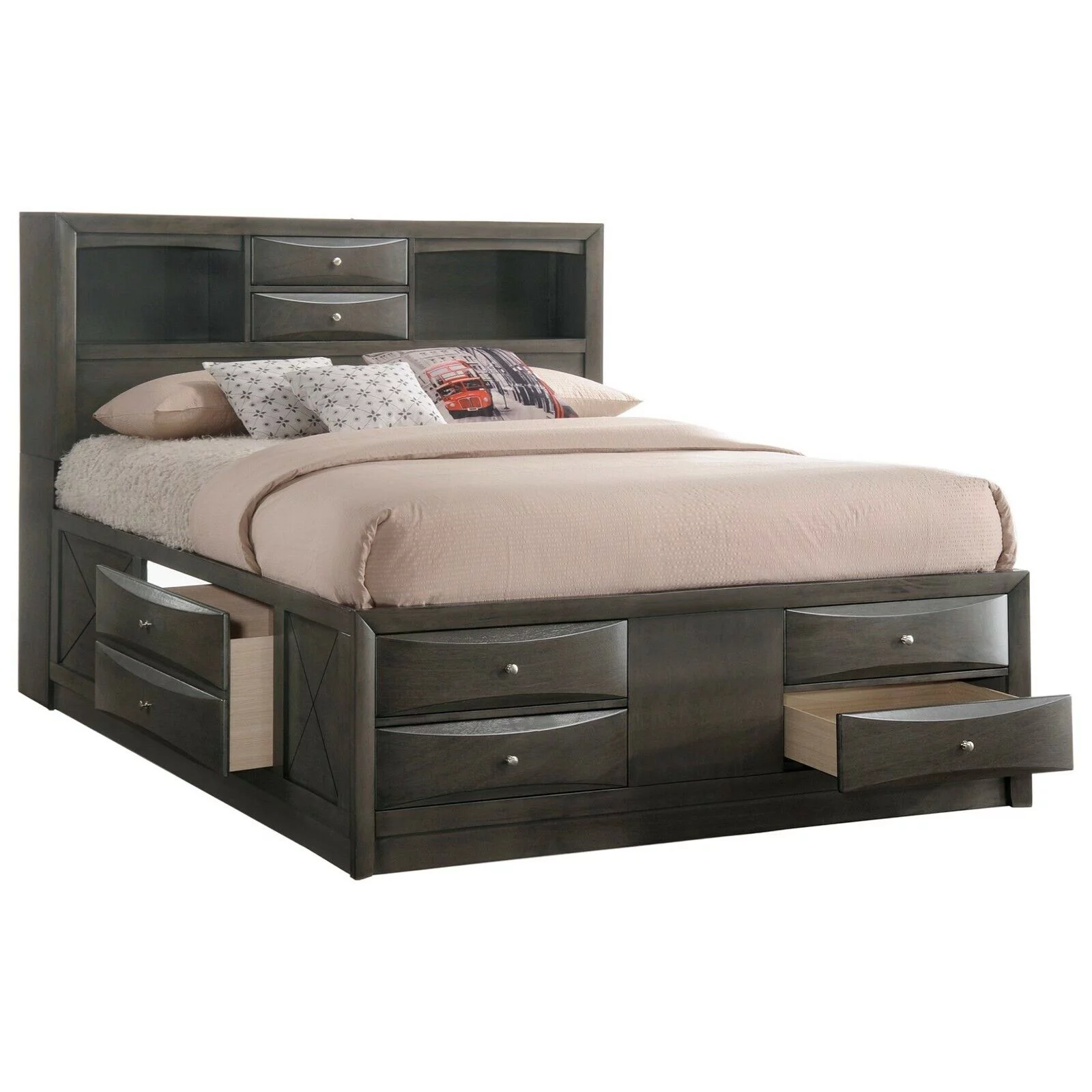 Contemporary King Size 3pc Bedroom Set Storage Bed Chest Nightstand Gray Finish Solid Wood Furniture