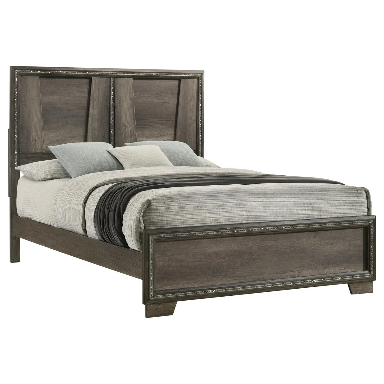 Janie King Size Bed with Glittering Strips V Shaped Panel Pine Gray Oak- Saltoro Sherpi