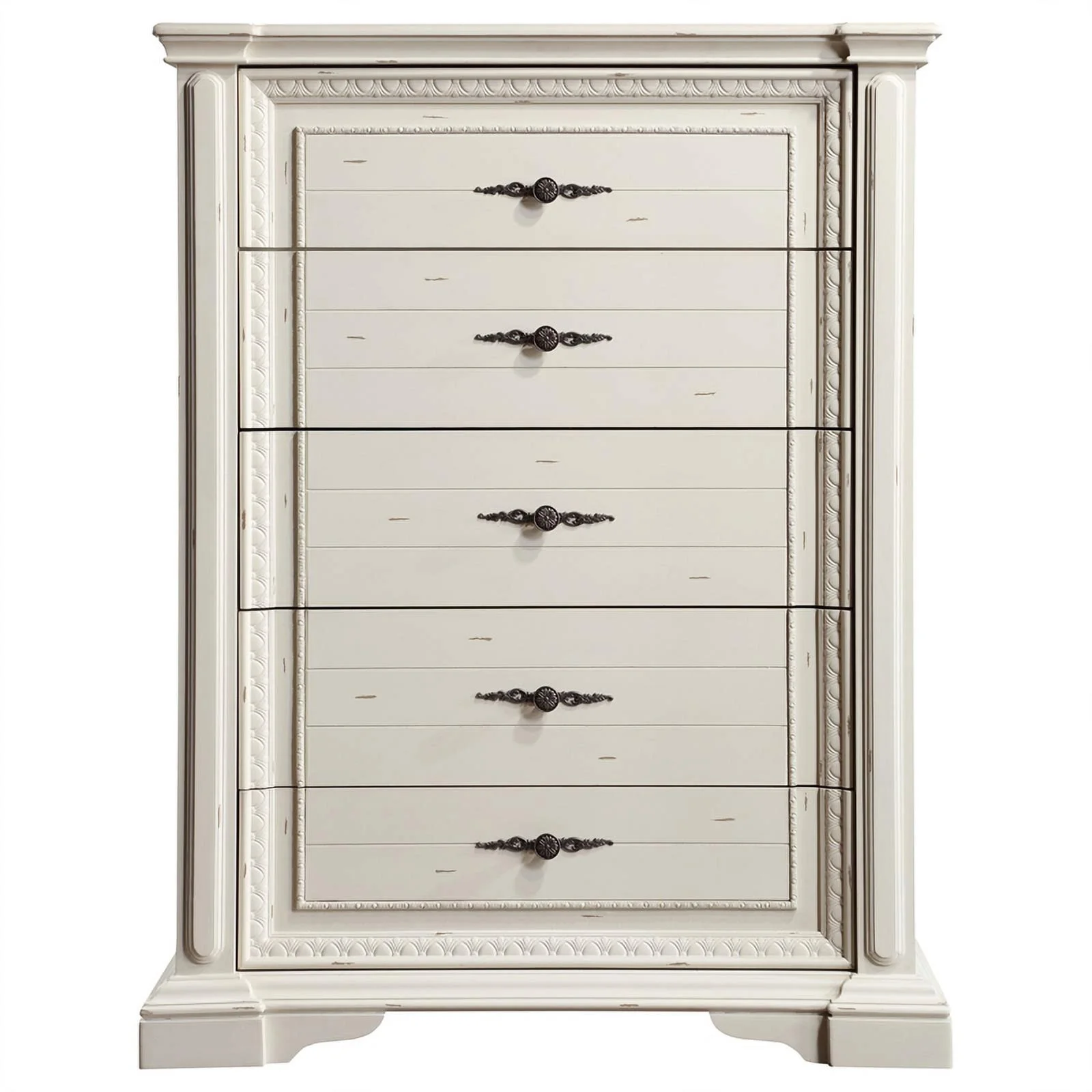 Pemberly Row 5 Drawer Wood Rectangular Chest in Antique White