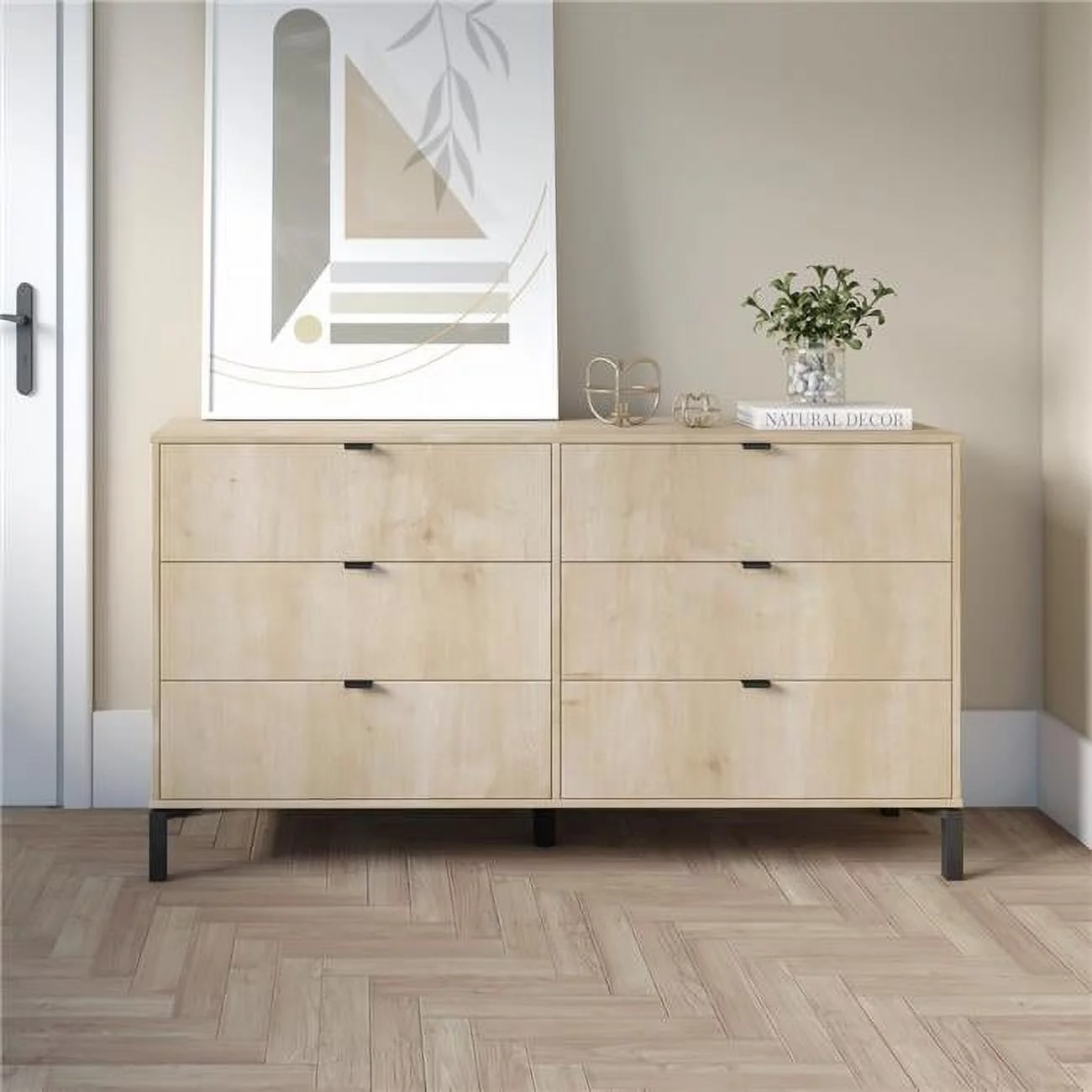 HomeRoots 32 x 59 x 16 in. Light Natural Manufactured Wood with Black Six Drawers Double Dresser