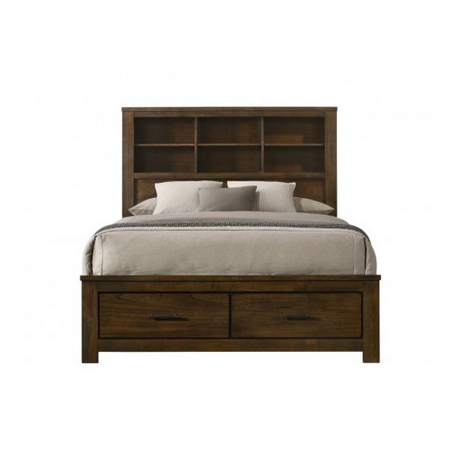 Benjara Maryl Queen Bed with Bookcase Headboard Solid Wood Bed, Oak & Brown Finish - Queen Size