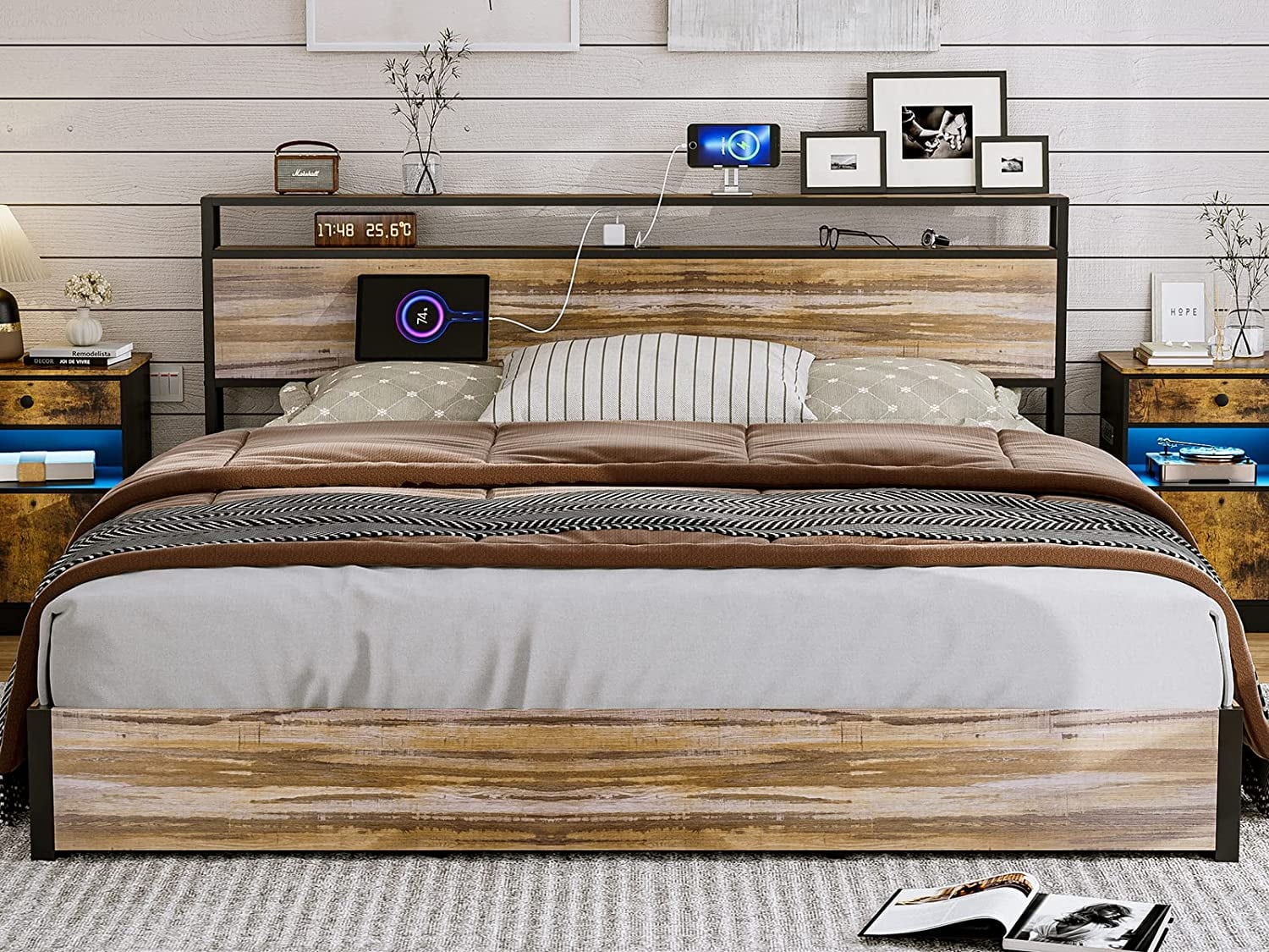 IKIFLY Lift Up Storage Bed, California King Bed Frames with Storage Bookcase Headboard & Charging Station, Metal Platform Bed Frame with Storage, Solid Wood Slats, No Box Spring Needed - Cal King