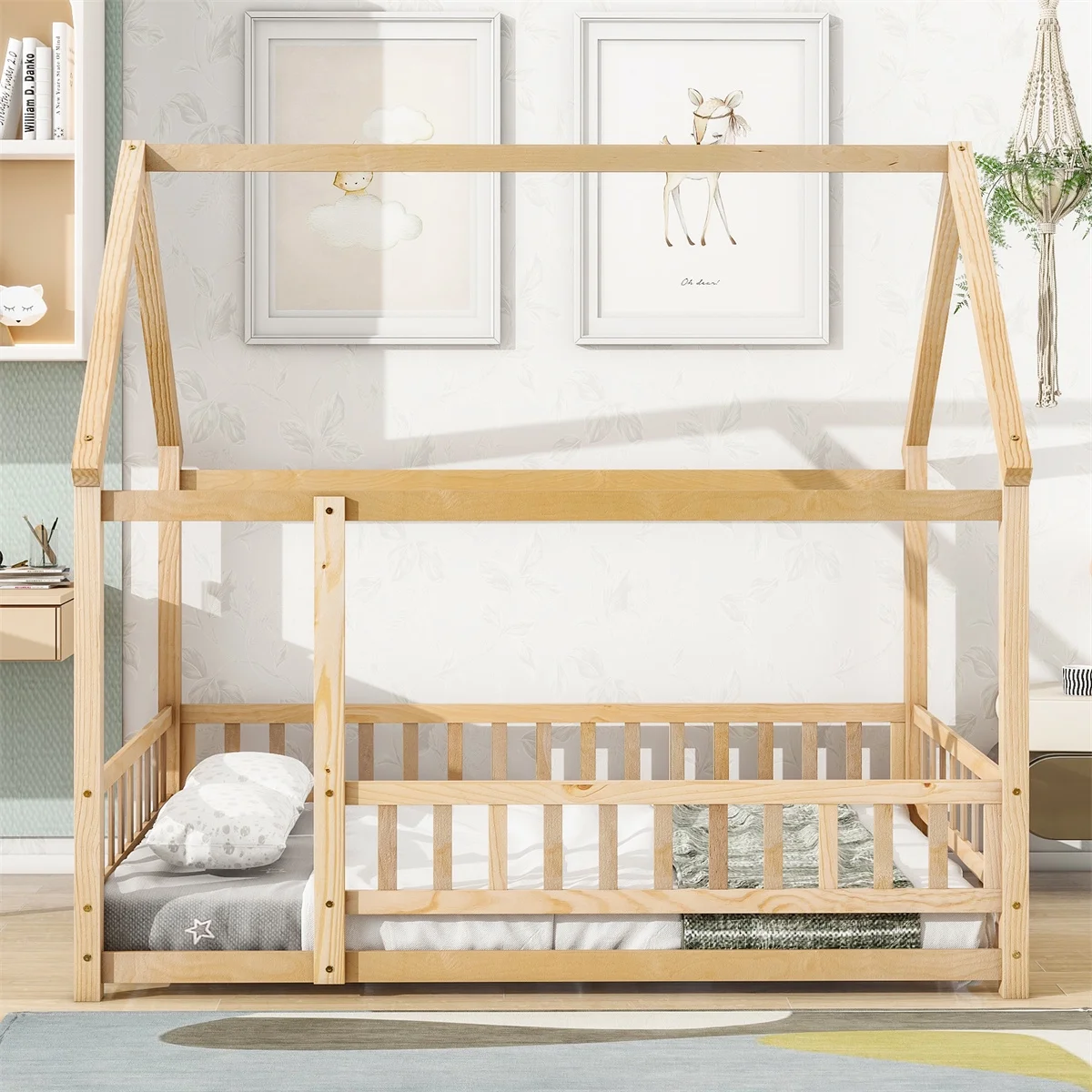 Wood House Bed Floor Bed with Fence Guardrails and Roof