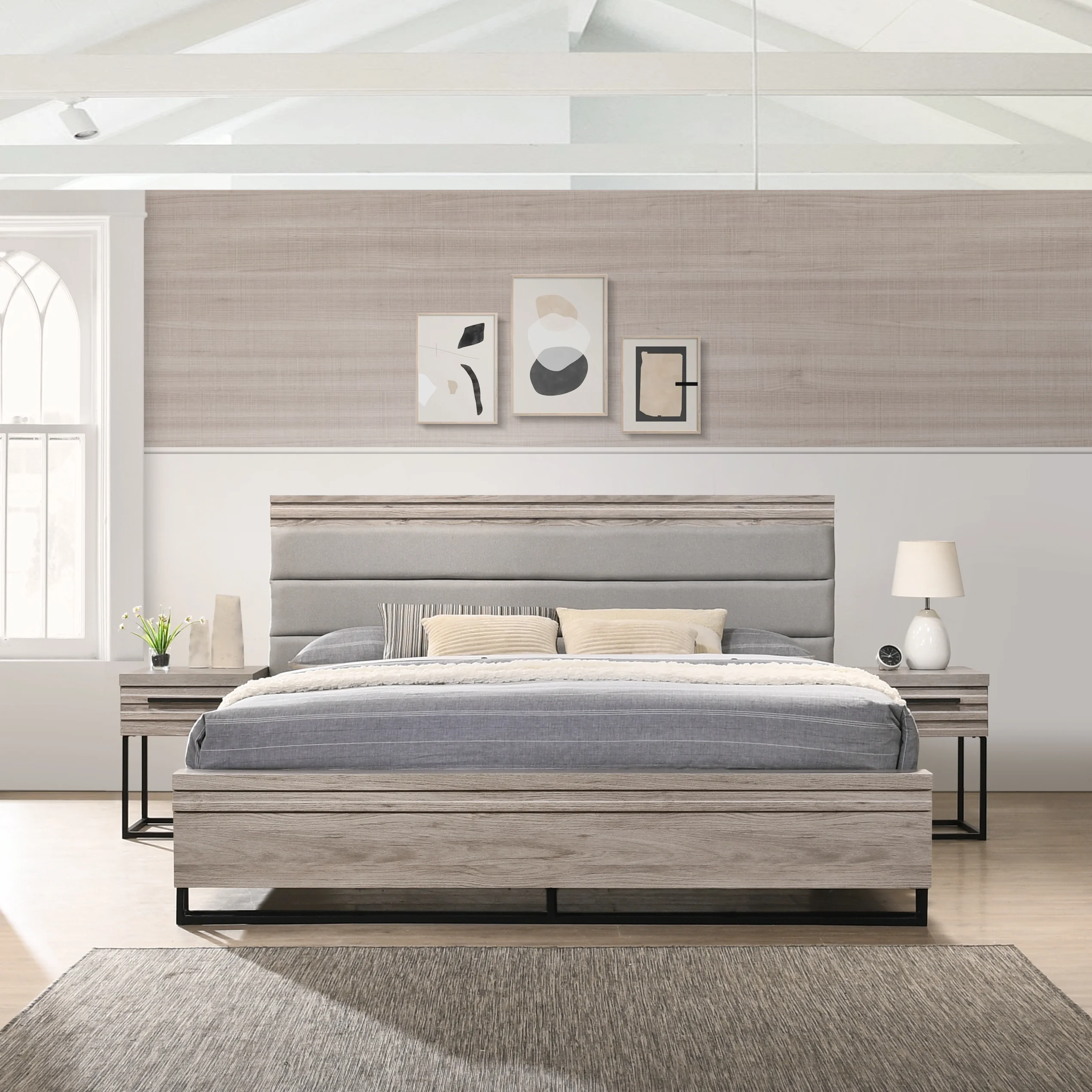 Alvear 3-Piece Wood Bedroom Set, Queen Size Panel Bed and Two Nightstands, Weathered Gray