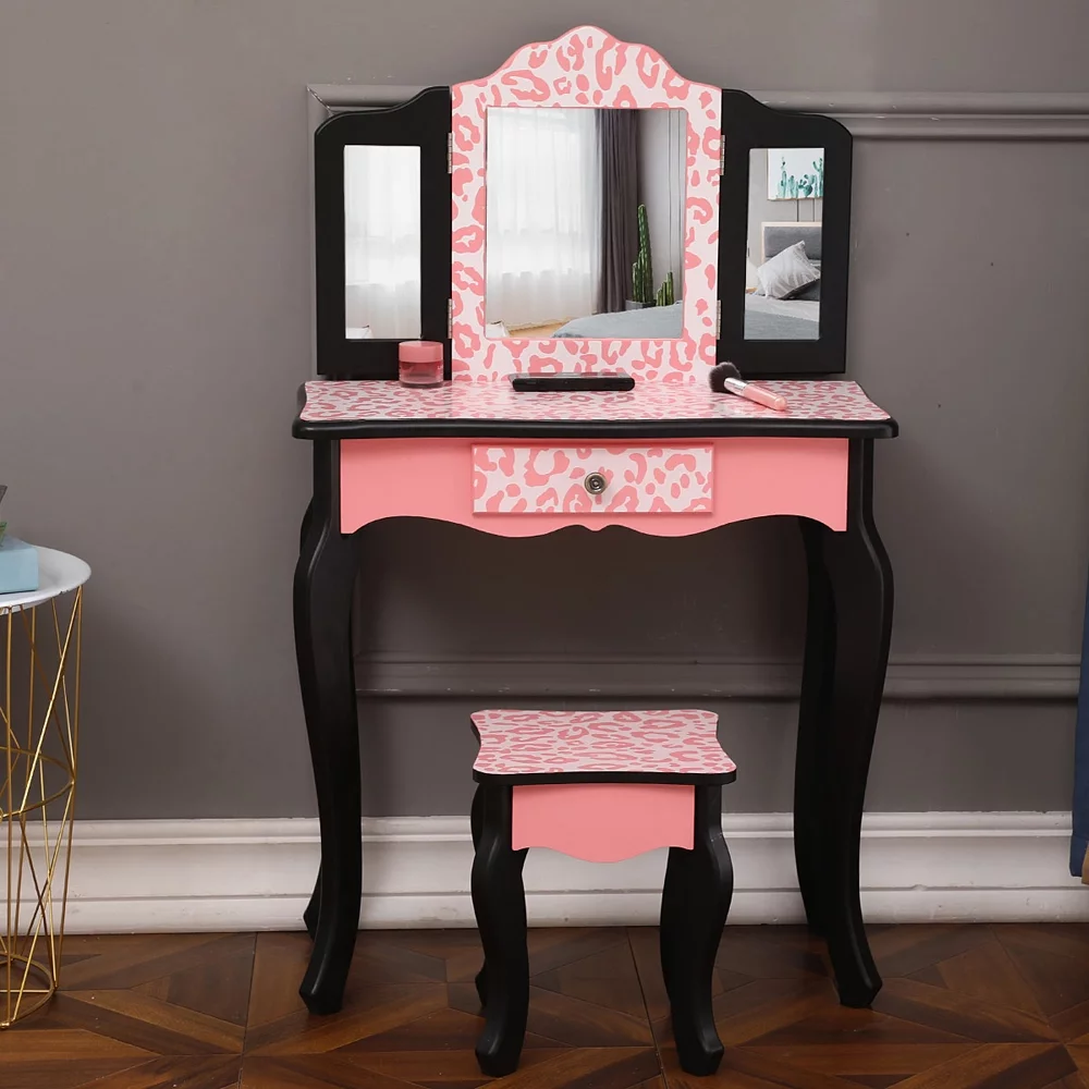 Hommoo Vanity Table Set with Mirror for Girls, Pink Bedroom Dressing Table with Vanity Stool, 2 Drawers Makeup Table with Removable Desk Makeup Organizer