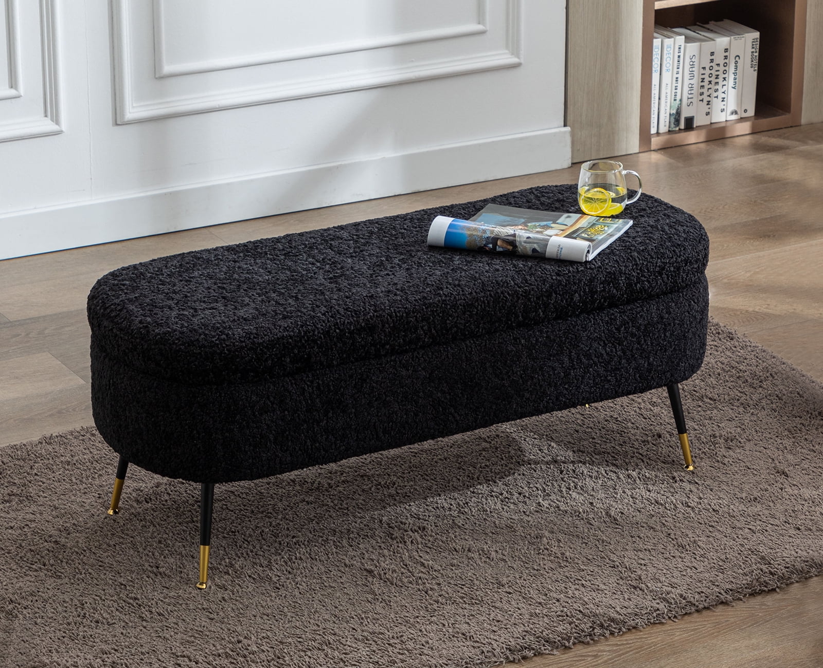 Guyou Modern Storage Bench, Lambswool End of Bed Bench with Metal Legs, Upholstered Entryway Bench for Bedroom Living Room Hallway, Black