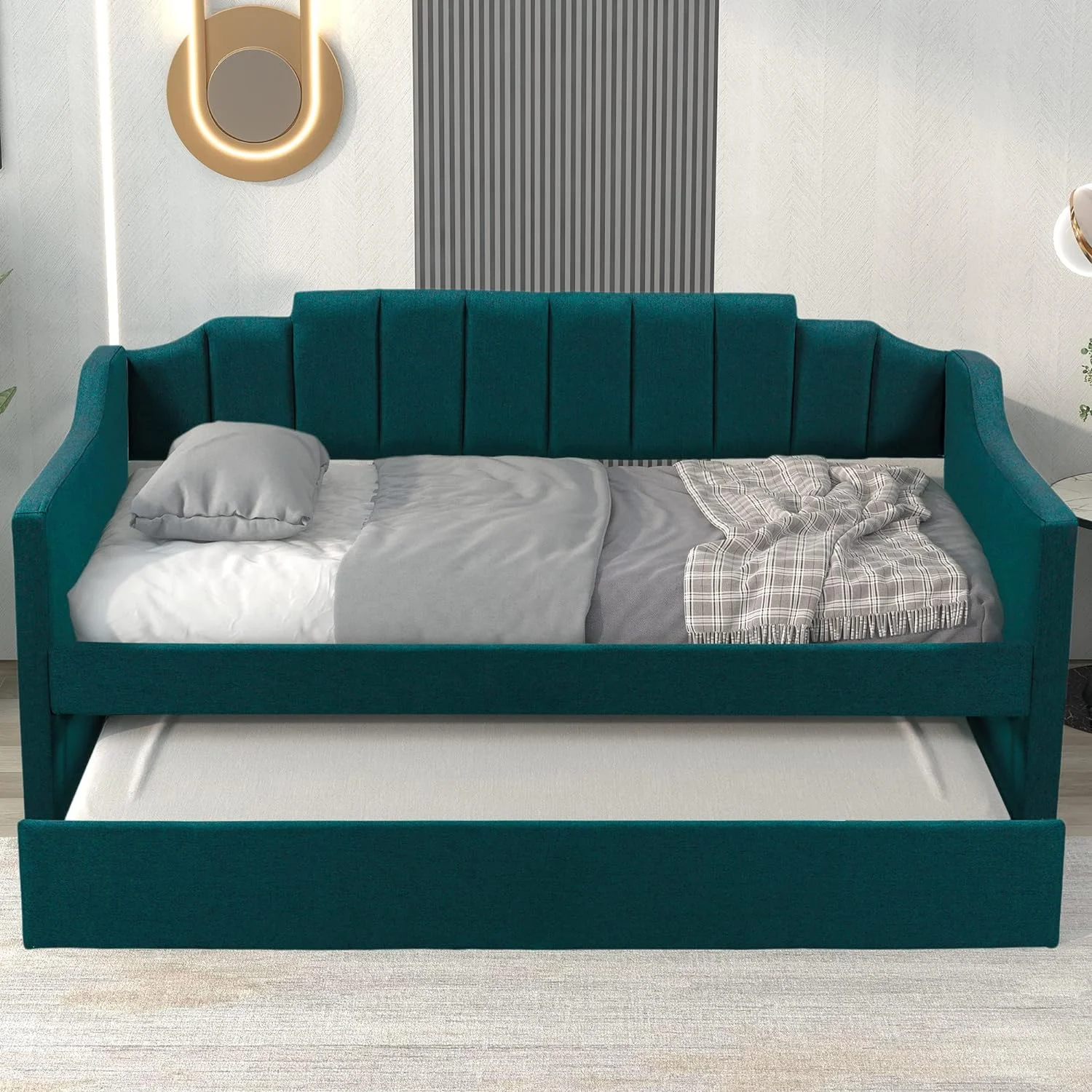 Daybed With Trundle, Upholstered Size Daybed Sofa Daybed Frame With Roll-Out Trundle, No Box Spring Needed, Furniture For Bedroom, Living Room, Guest Room, Green