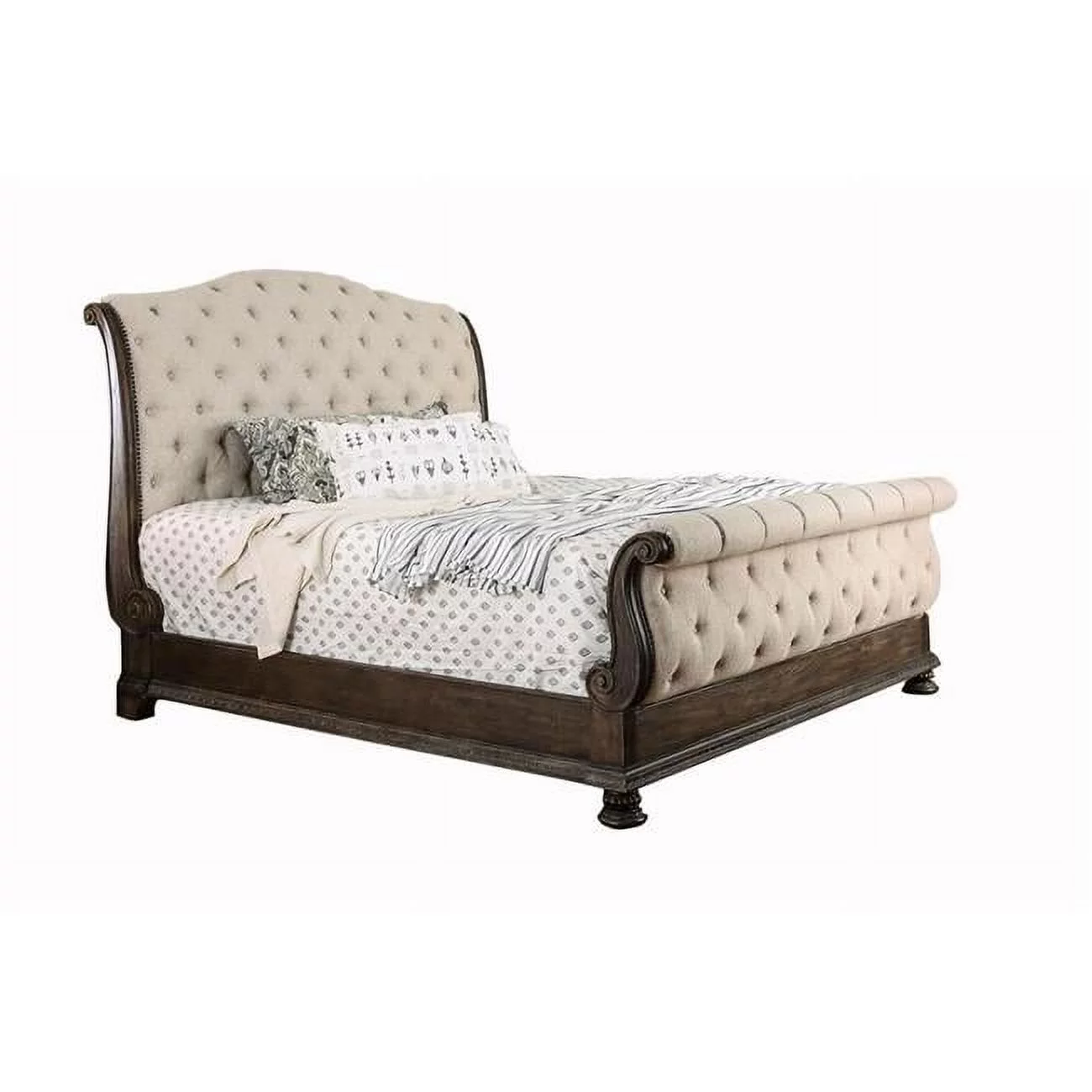 Benjara BM214533 California King Size Bed with Sleigh Headboard & Footboard - Brown & Beige