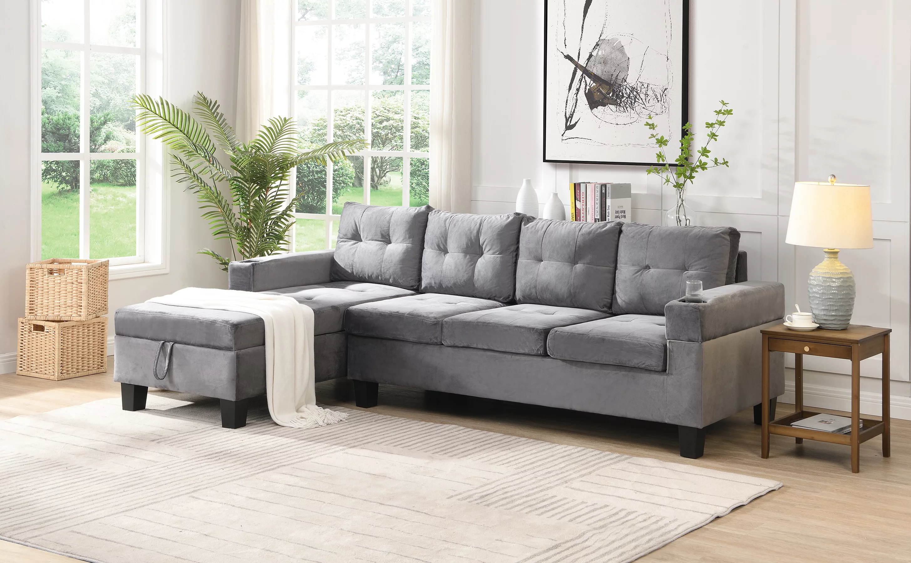 Sectional Sofa Set for Living Room with L Shape Chaise Lounge ,cup holder and Left Hand with Storage Chaise Modern 4 Seat (Grey) --LEFT CHAISE WITH STORAGE