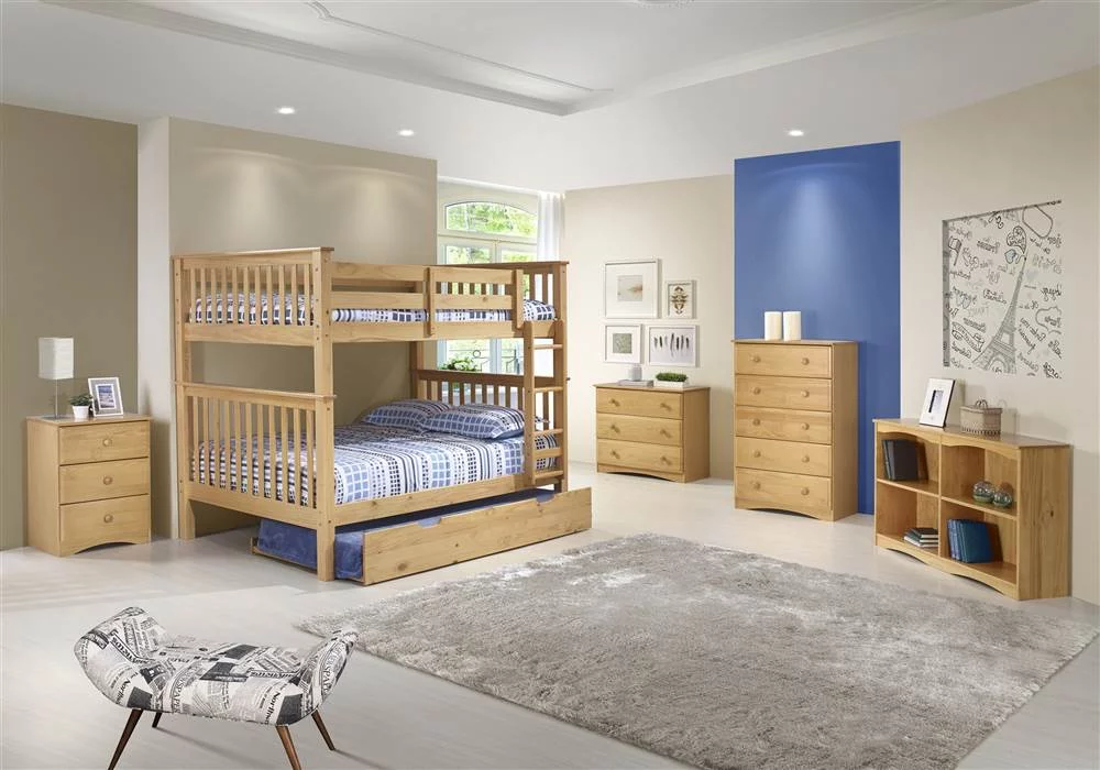 Santa Fe Mission Tall Bunk Bed Full over Full - Attached Ladder - Multiple Finishes - with Twin Size Under Bed Trundle