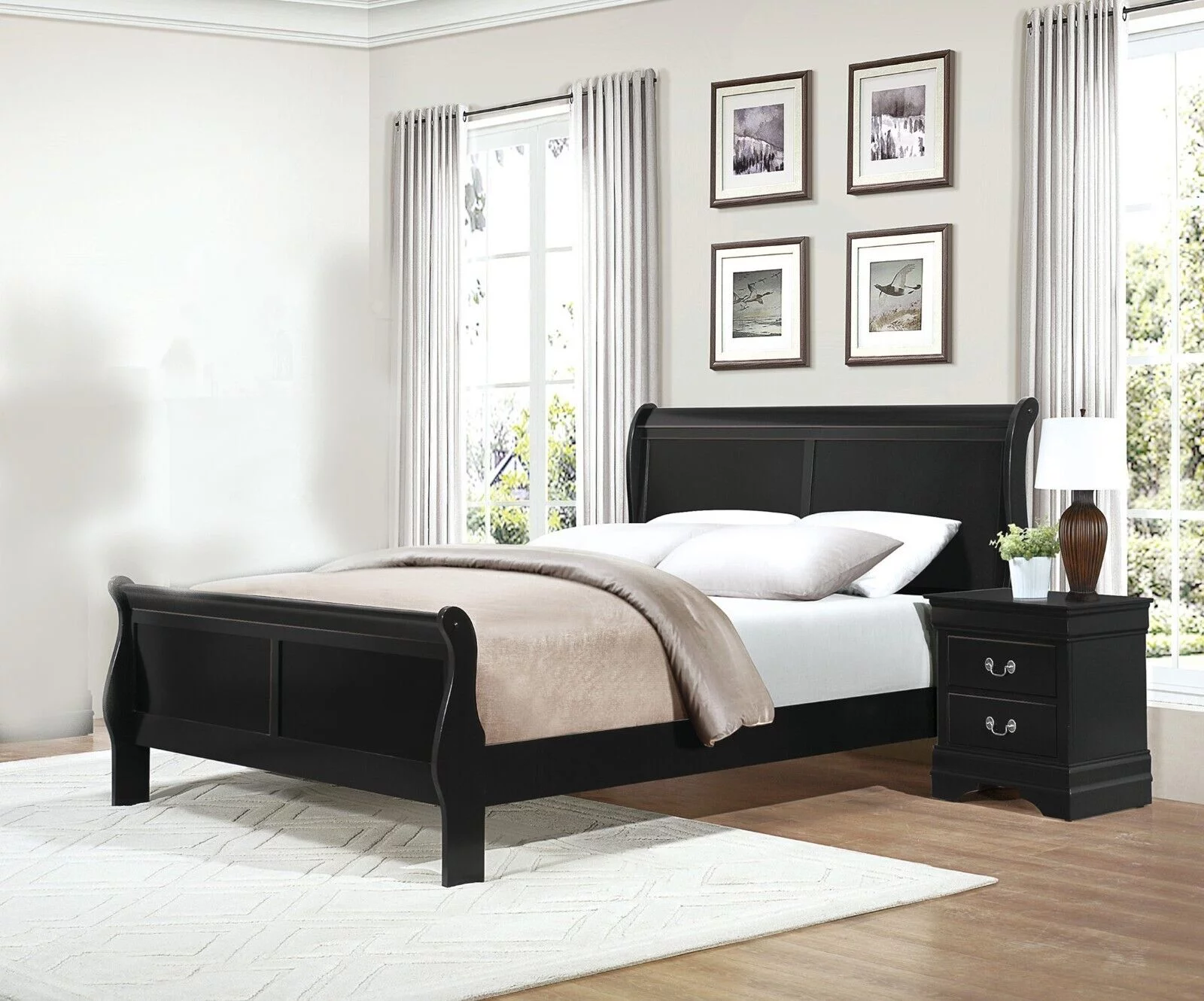 Traditional Black Finish 3pc Bedroom Set Full Bed and Nightstands Louis Phillipe Style Bedroom Furniture