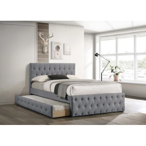 Contemporary Full Size Bed w/ Trundle Slats Light Grey Burlap Upholstered Button Tufted Headboard Footboard Youth Bedroom Furniture wooden Slats 1pc Bed