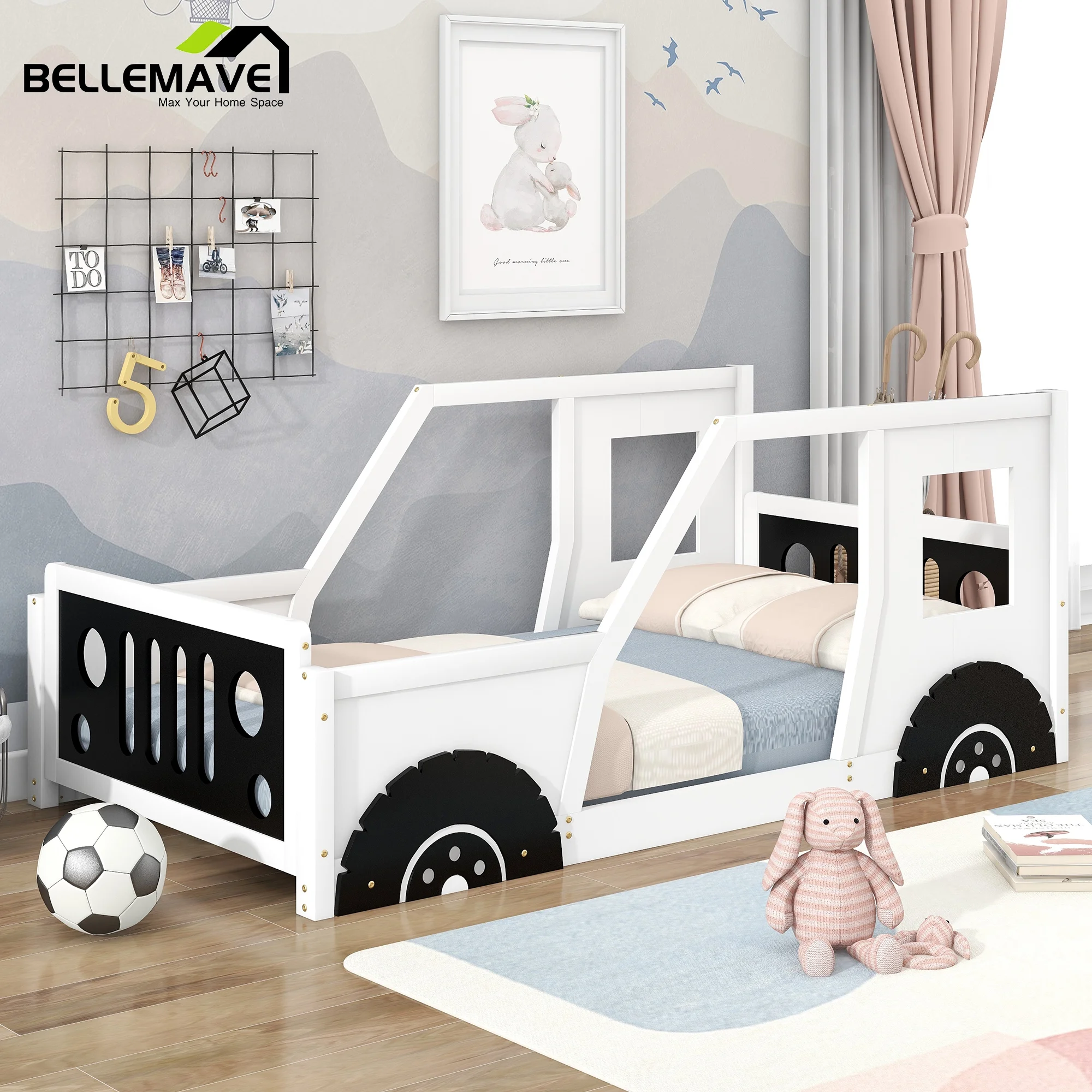 Bellemave Black Twin Size Car-shaped Platform Bed for Bedroom Living Room, Twin Size Wood Daybed with Car-shaped Appearance for Kids Toddler