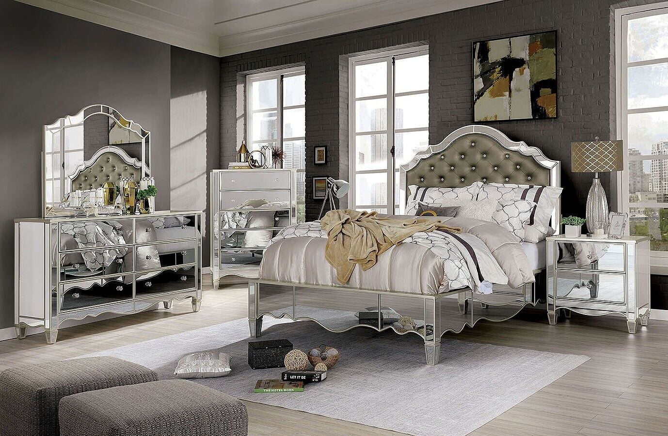 Glamour Traditional 4pc Bedroom Silver Color Queen Size Bed Set Dresser Mirror Nightstand Mirror Panel Tufted HB Bedframe