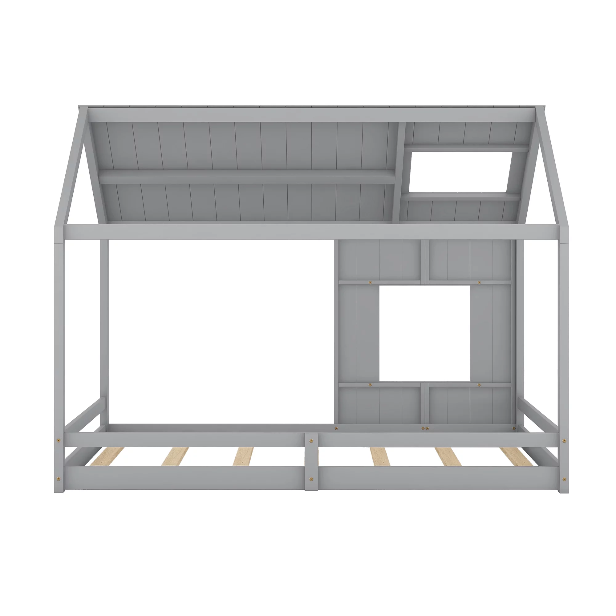 Royard Oaktree Full Size House Bed with Roof and Window Wood Floor Bed Frame with Guardrail and Slats, No Box Spring Needed, Gray