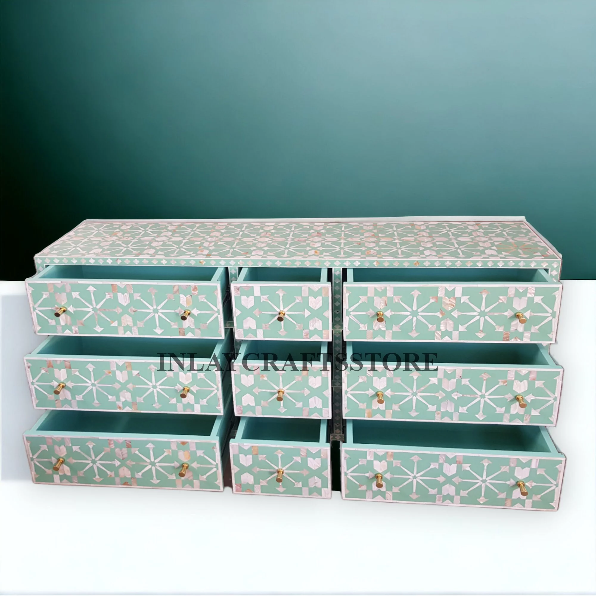 LAKECITY ARTS Mother of Pearl Moroccan 9 Drawers Chest Slate Green, Mother of Pearl Moroccan 9 Drawers Dresser Table Slate Green, MOP Storage Unit