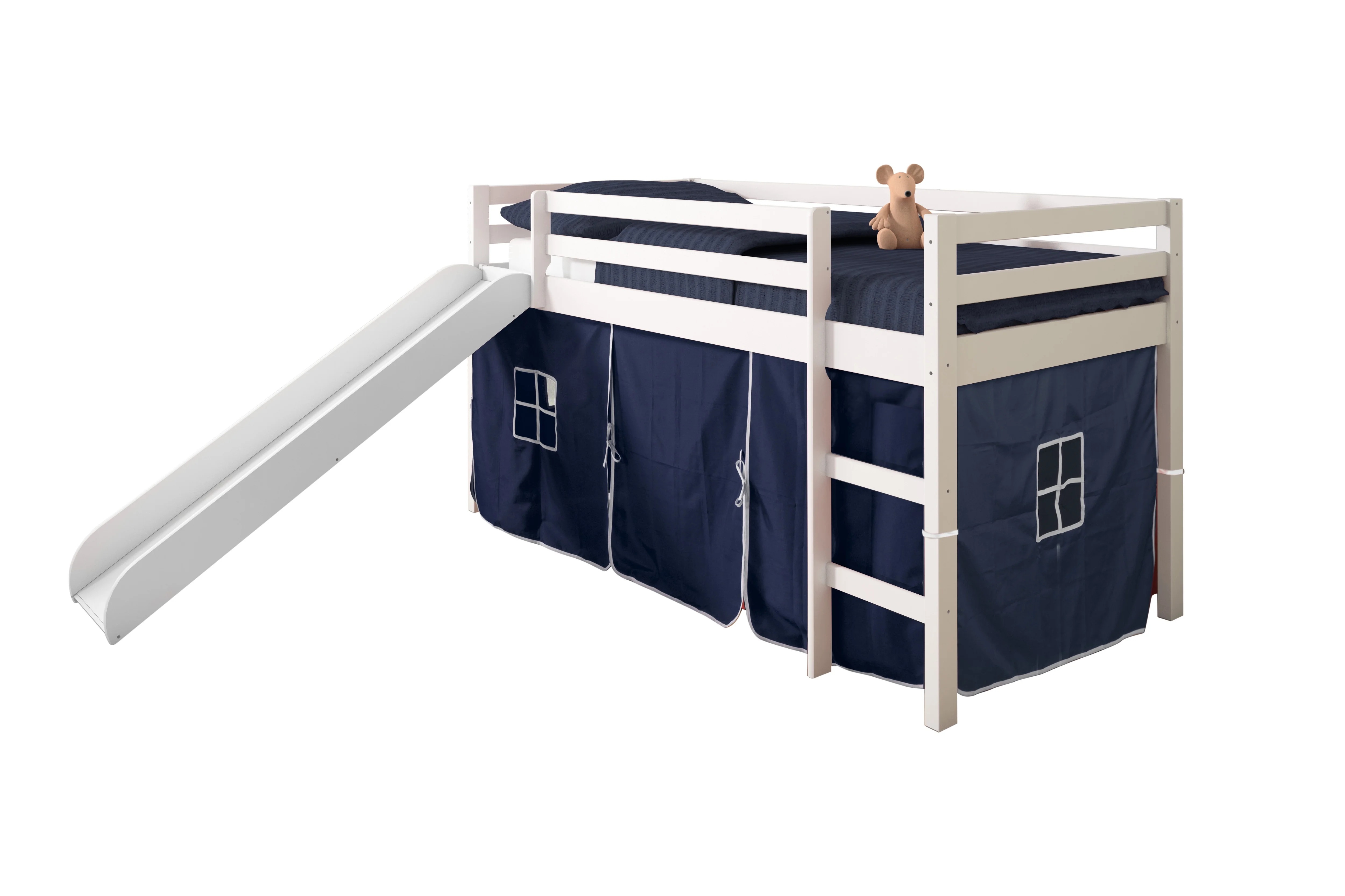Donco Kids Twin Loft Bed with Blue Tent and Slide, White