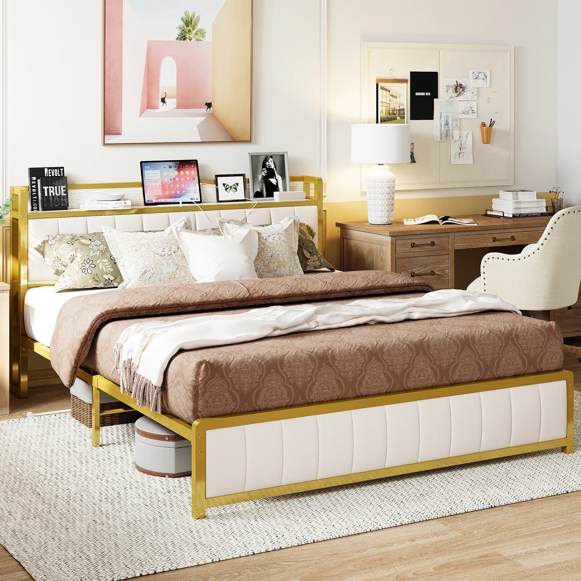 ANCTOR Queen Bed Frame with Storage Headboard, Charging Station - Easy Assembly, Noise-Free, No Box Spring Required