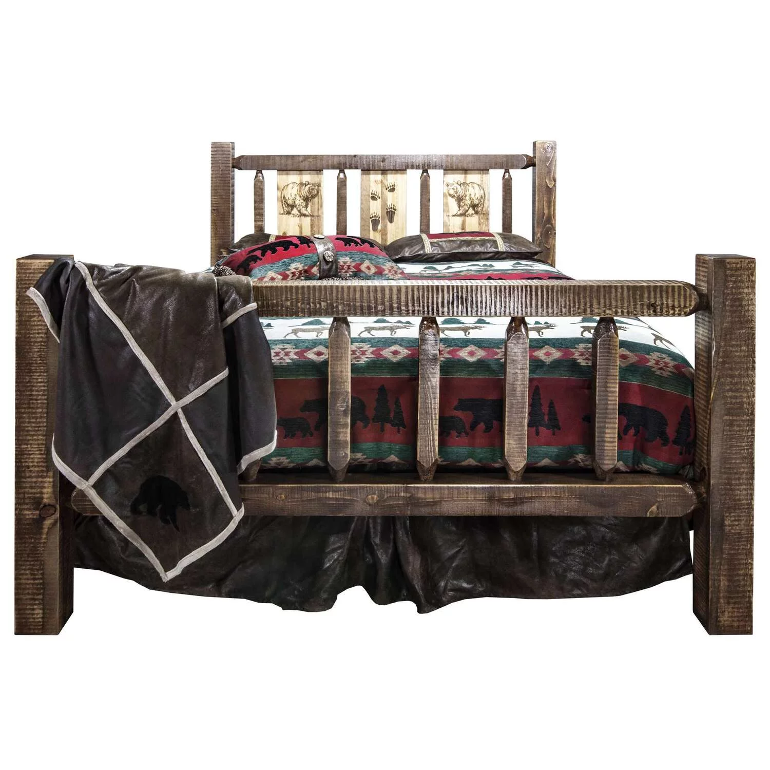 Homestead Collection Full Bed w/ Laser Engraved Bear Design, Stain & Clear Lacquer Finish