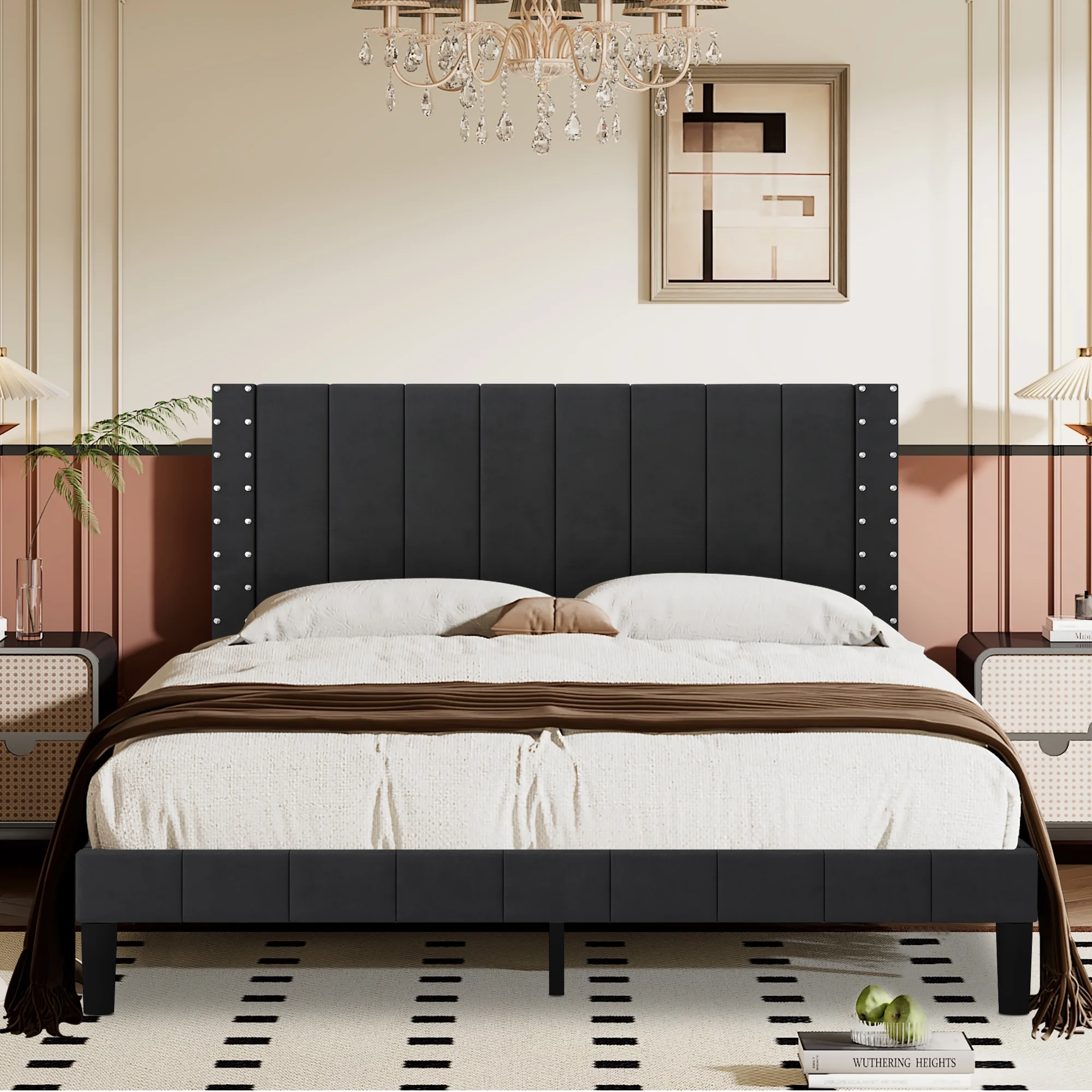 uhomepro Upholstered Platform Bed Frame, Queen Bed Frame for Bedroom with Nailhead Trim Headboard, Wood Slats Support, No Box Spring Needed, Black