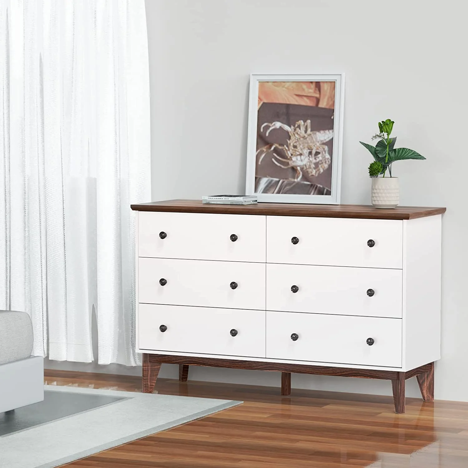 6-Drawer Double Dresser with Wide Drawers White Dresser for Bedroom Wood Storage Chest of Drawers for Living Room Hallway Entryway\u2026